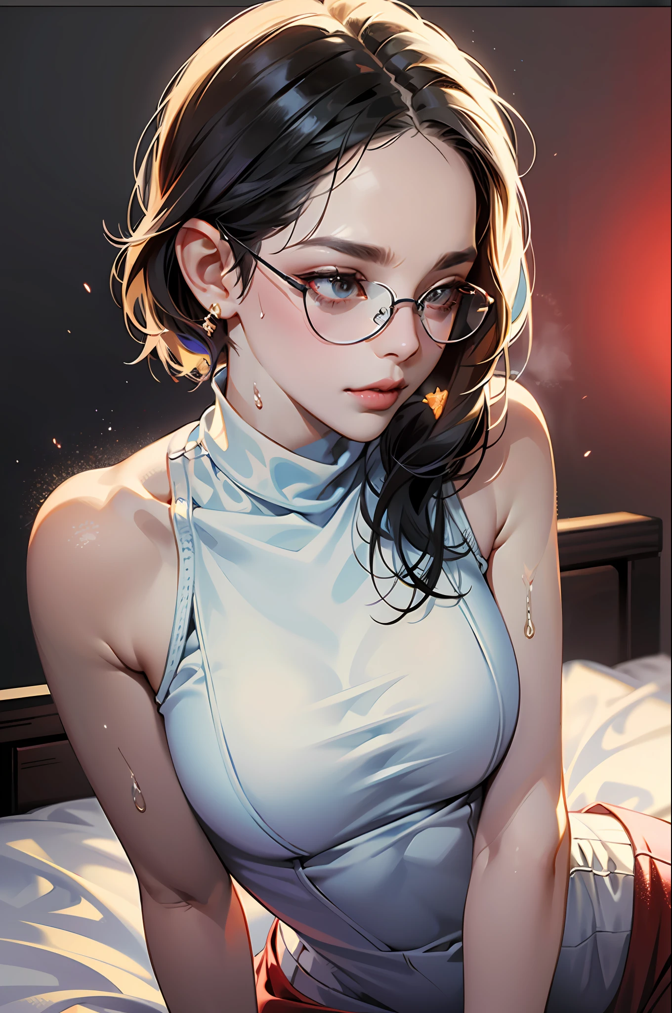 one-girl,circle glasses，Tattooed with， One-piece turtleneck white sleeveless sweater, Long white cotton socks, The lips are slightly open, Red-faced, Wet hair，Sweat all over the body，sit on a bed, crisp breasts, Convex buttocks, Grab your chest with both hands，Detailed background, Clothing details, perfectly proportioned, Multiple perspectives，filmgrain, Fuji colors, lightand shade contrast, tmasterpiece, high detal, high qulity, A high resolution, Cinematic lighting, 8K, Textured skin, Super detail