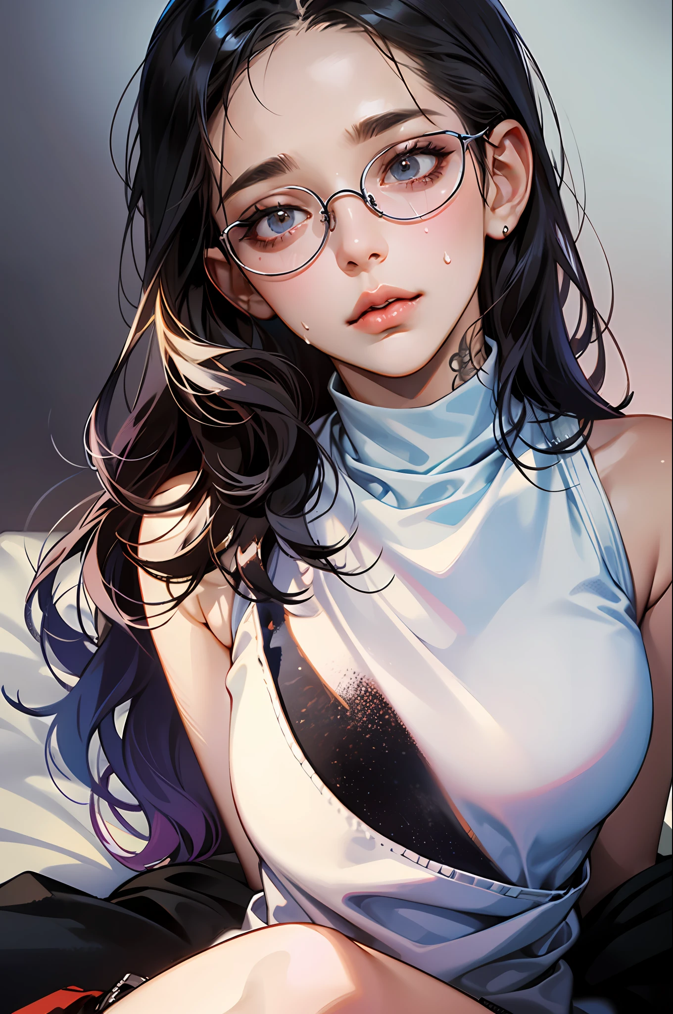 one-girl,circle glasses，Tattooed with， One-piece turtleneck white sleeveless sweater, Long white cotton socks, The lips are slightly open, Red-faced, Wet hair，Sweat all over the body，sit on a bed, crisp breasts, Convex buttocks, Grab your chest with both hands，Detailed background, Clothing details, perfectly proportioned, Multiple perspectives，filmgrain, Fuji colors, lightand shade contrast, tmasterpiece, high detal, high qulity, A high resolution, Cinematic lighting, 8K, Textured skin, Super detail