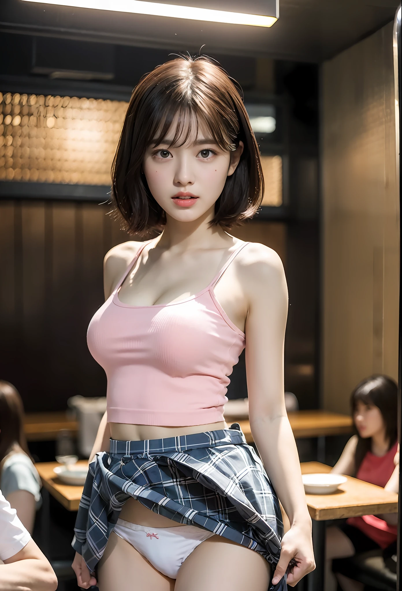 extremely detailed CG unity 8k wallpaper, best quality, ultra-detailed, masterpiece, realistic, photo realistic, extremely detailed cute girl, 20years old, (skirt lift), ((skirt lift by myself)), white panties , panties focus, blush, parted lips, looking at viewer  , half body shot , wearing sleeveless shirt  , (crowd), (crowded restaurant) , short bob cut