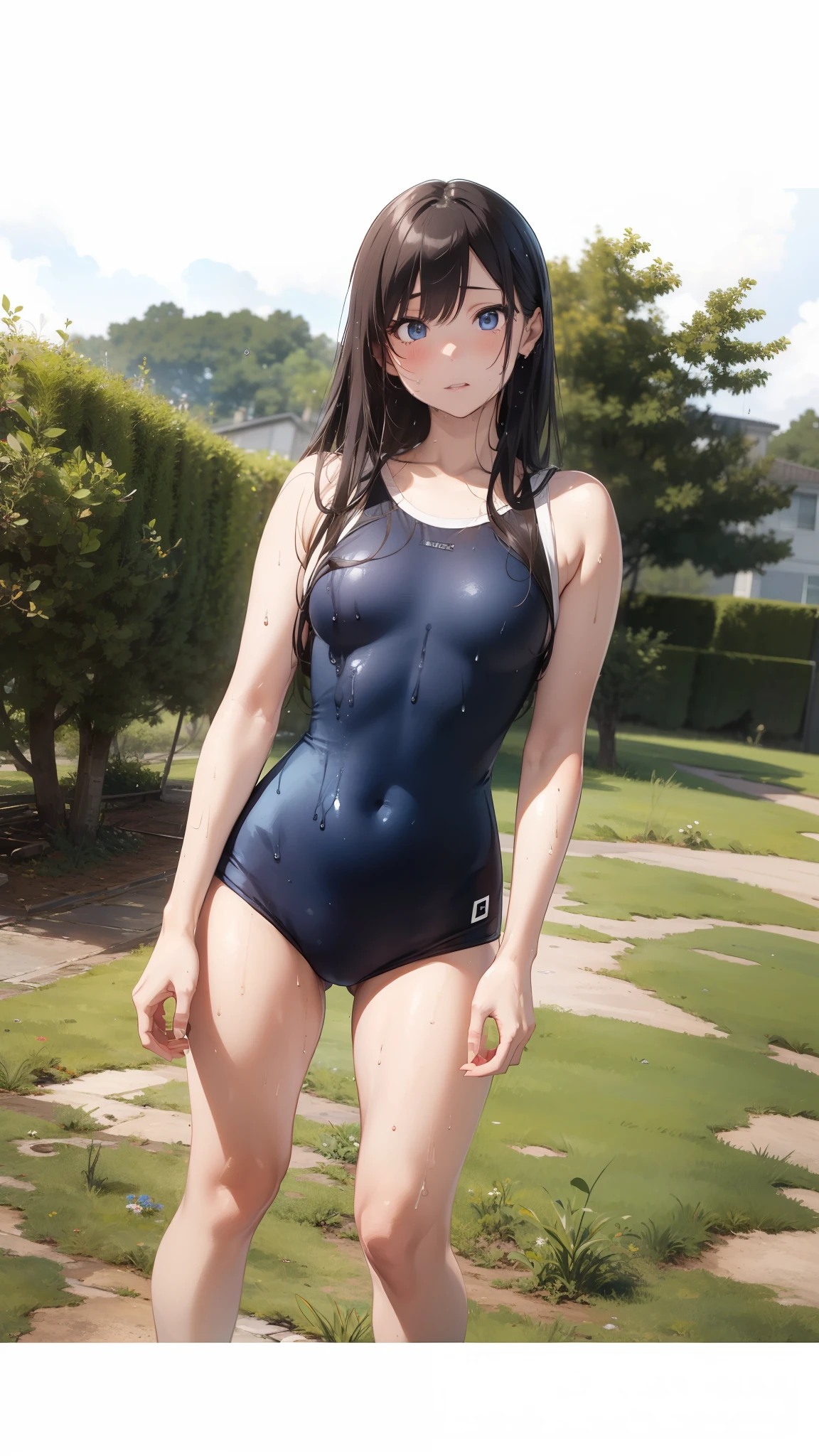 ((top-quality))、((masterpiece))、1girl in、Formal-up、beautiful detailed eyes and face、pretty skin、Realistic、a very cute、22year old、School swim wear(Dark blue color、Simple design、Matte texture、Wrinkle、Wet、Polyester material、shadings、)Wet body、Anime Face、Beautie、Facing the front、big eye(Beautiful fece、Anime Face、Clear eyes、Fine details、beautidful eyes)Well-formed face(Beautiful nasal muscles、Perplexed、sharp mouth)full of sweat、sodden、Wet feeling、Background with(sunny sky、takeout)、8K picture quality、perfectly proportions、A slender、red blush、female focus on, hair adornments,length hair, Look at viewers,