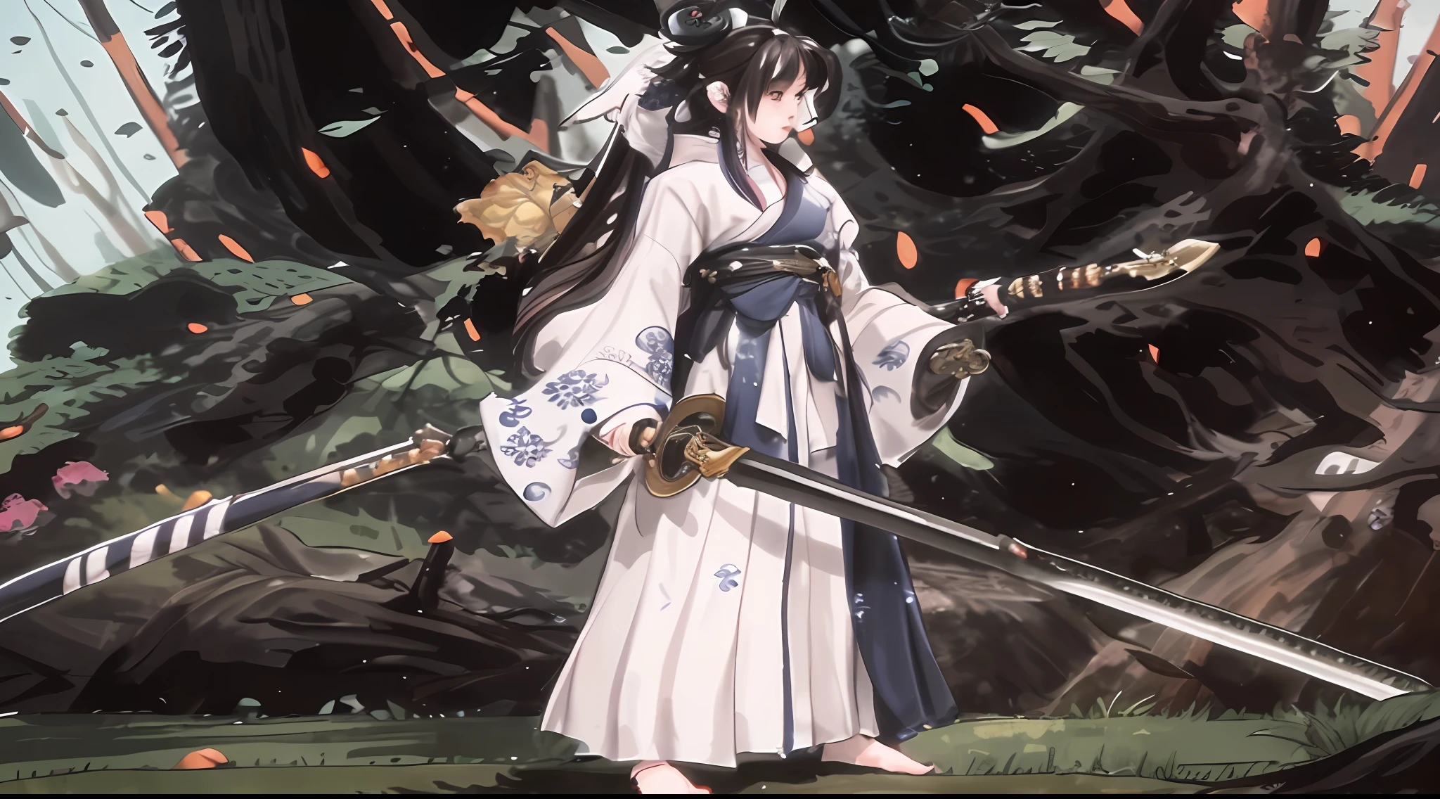 Anime girl shuttles through dense forest with two swords in hand,Detailed artistic images in the Onmyoji style,Full body martial arts attire,Highlight close-ups of the Onmyoji's portrait,Take 2.A fantastical work of art created by 5D CGI technology,A fusion of traditional Japanese concept art,References to the elements of impact and nakari in Genshin,The fox believer is armed with a long-handled weapon,In contrast to female samurai。