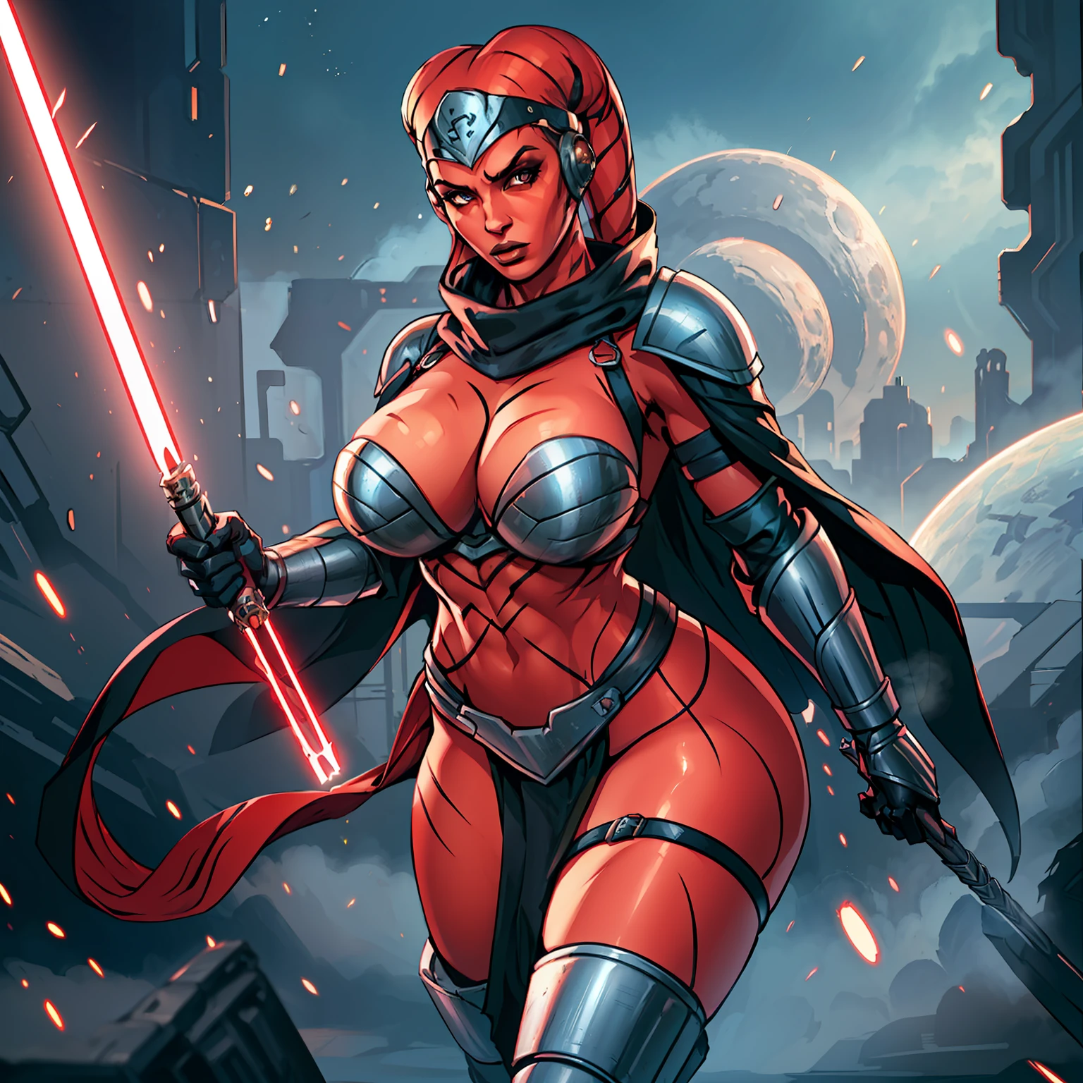 action scene, fighting, masterpiece, best quality, high-definition, armor, busty, ((red skin), twi'lek), dual red lightsabers, evil space knight, space ninja, (wearing black robes, black stealth armor, breastplate, tunic, tabard, cowl, cloak, body glove, straps, buckles, skirts, long sleeves, fantasy, ((armor))), ((busty), slender body, thin, slim  body, slim waist, (())), Imperial starship, Star Wars,