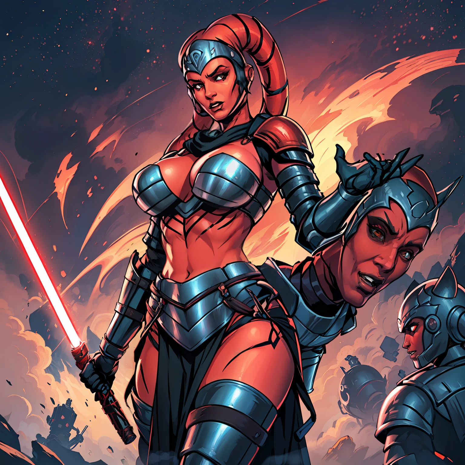 action scene, fighting, masterpiece, best quality, high-definition, armor, busty, ((red skin), twi'lek), dual red lightsabers, evil space knight, space ninja, (wearing black robes, black stealth armor, breastplate, tunic, tabard, cowl, cloak, body glove, straps, buckles, skirts, long sleeves, fantasy, ((armor))), ((busty), slender body, thin, slim sexy body, slim waist, ((huge breasts))), Imperial starship, Star Wars,