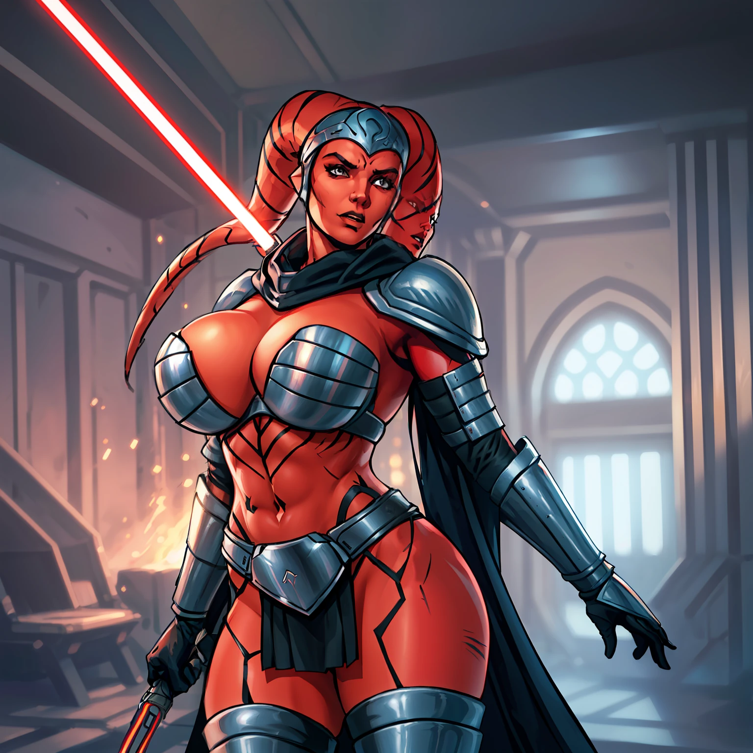 action scene, fighting, masterpiece, best quality, high-definition, armor, busty, ((red skin), twi'lek), dual red lightsabers, evil space knight, space ninja, (wearing black robes, black stealth armor, breastplate, tunic, tabard, cowl, cloak, body glove, straps, buckles, skirts, long sleeves, fantasy, ((armor))), ((busty), slender body, thin, slim ???? body, slim waist, ((????????????))), Imperial starship, Star Wars,