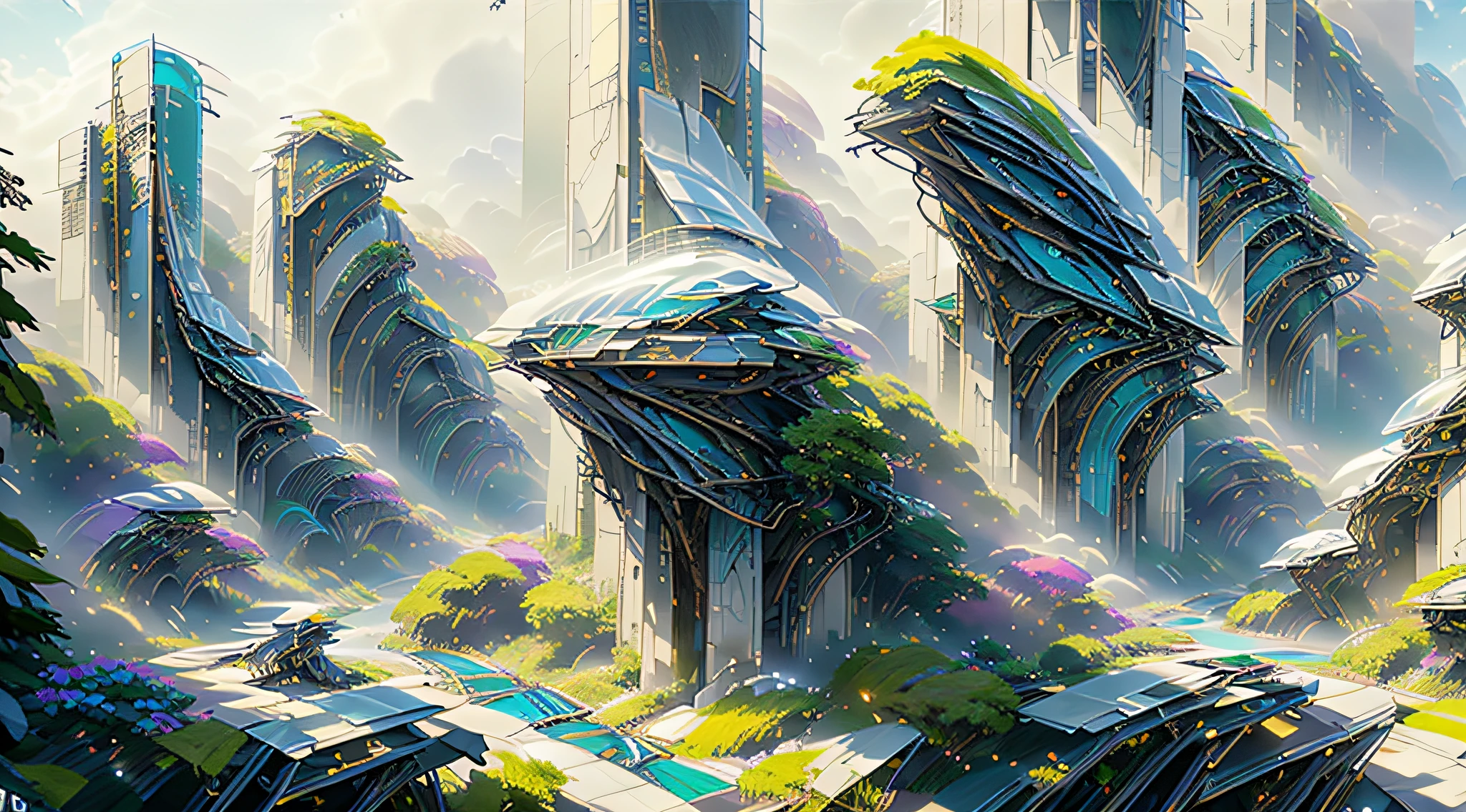 Futuristic, multicolor, realistic, masterpiece, countryside, awesome sunny day environment concept art on a futuristic forest terrain with huge waterfalls, streams, orchids, landscaped, aesthetics, nature architecture, proportional, detailed, blueprint, bright clouds, nature meets futuristic architecture by Santiago Calatrava and Vincent Callebaut with Wes Anderson village, residential area, futuristic development, high rise made up staircases, balconies, full of composite glass facades, residential spaces carved from cliff side ,trending on artstation, beautiful lighting,In the style of Andreas Achenbach and Norman Ackroyd masterpiece, fantasy, intricate, award winning, 4k, highest quality, HD.