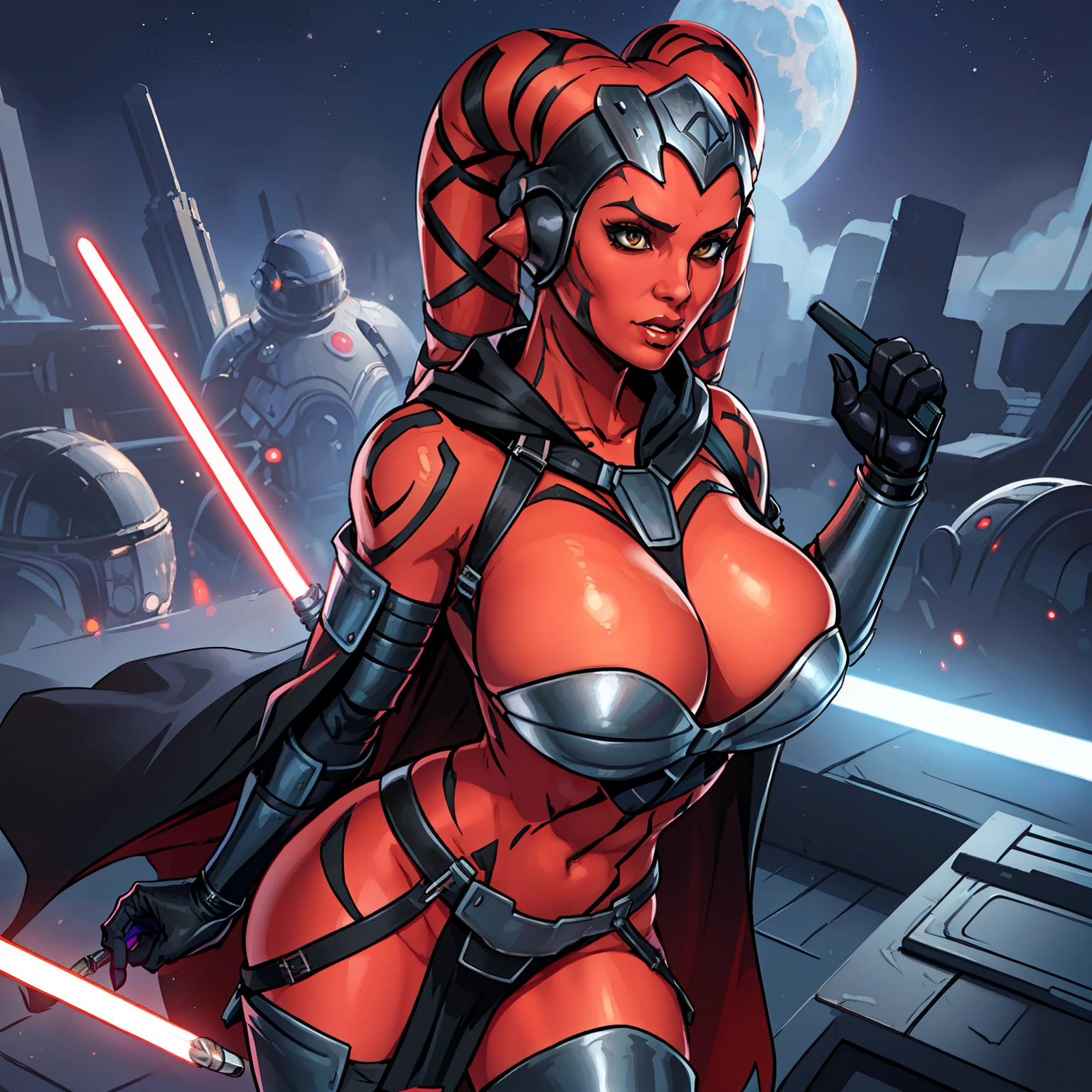 busty, masterpiece, best quality, highly detailed, award winning, high definition, ((red skin), twi'lek), dual red lightsabers, evil space knight, space ninja, (black robes, black stealth armor, breastplate, tunic, tabard, cowl, cloak, body glove, straps, buckles, skirts, long sleeves, fantasy, ((armor))), ((busty), slender body, thin, slim sexy body, slim waist, (((huge breasts)))), Imperial starship, Star Wars,