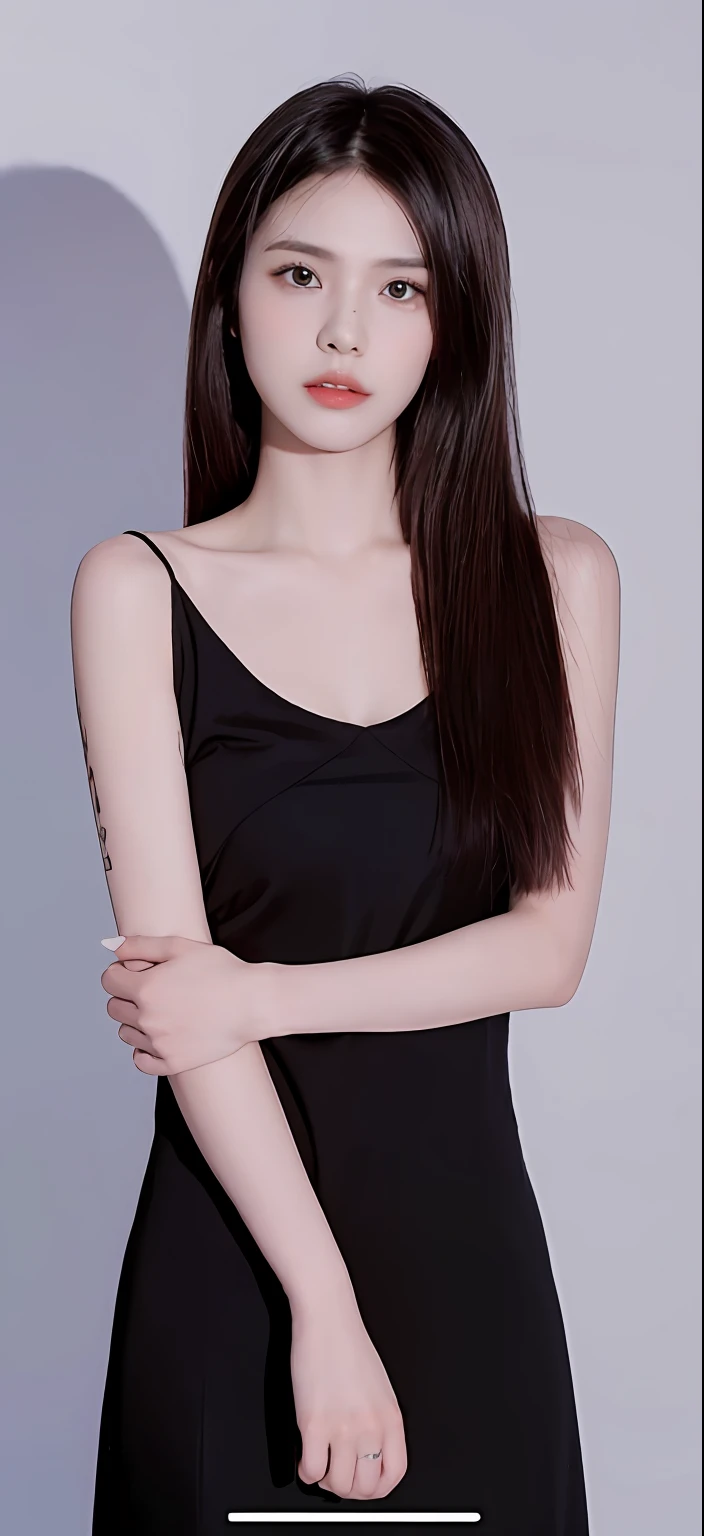 A close-up of a black dress, long thin black hair, photo of slim girl model, full-body xianxia, With long hair, photo of slim girl, 2 4 year old female model, she is wearing a black tank top, Thin, shiny long black hair, Yun Ling, with long dark hair, cinematic lighting, Pixar, Pixar, textured skin, high details, 8k, retina