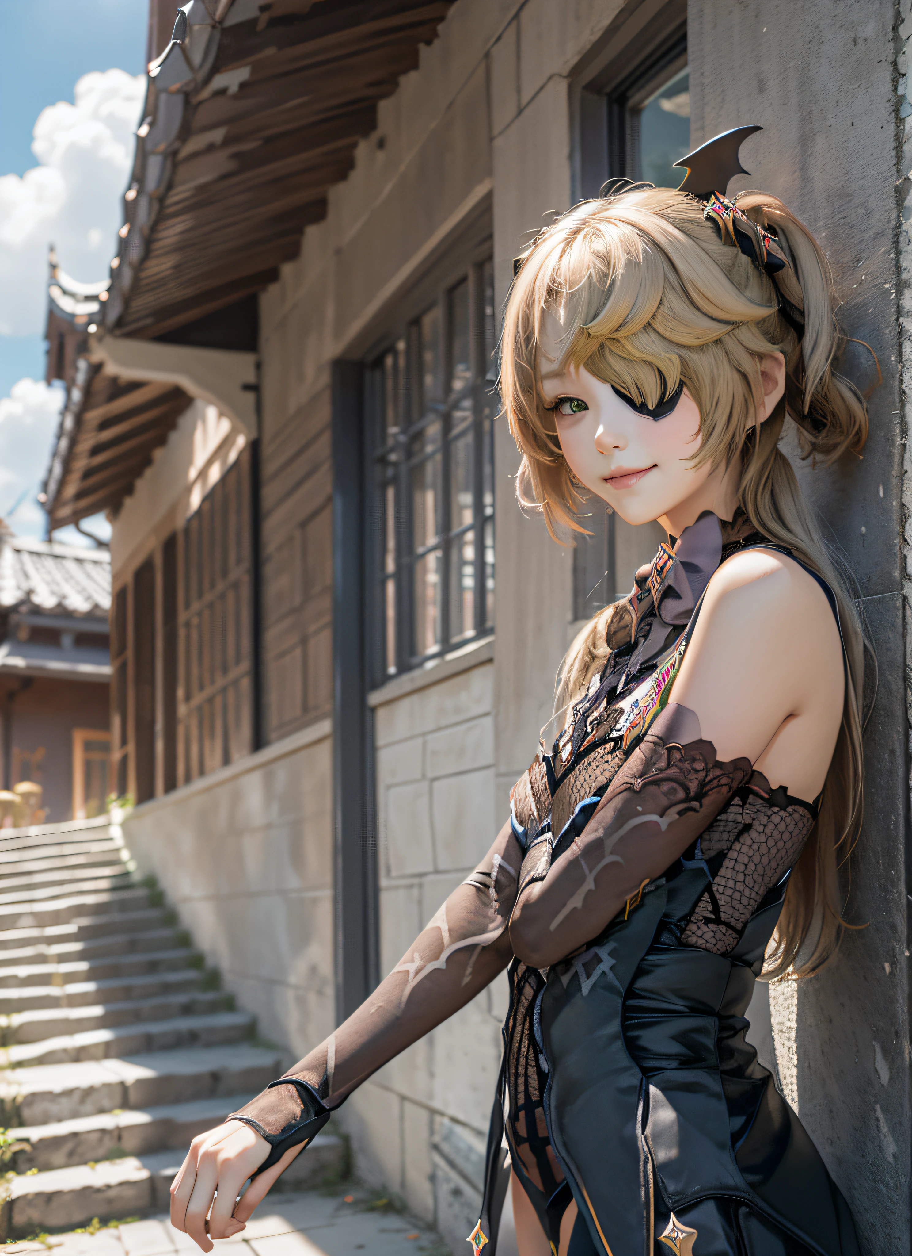 fischldef, upper body, smile, blush, outdoors, day, simple background, blue sky, short hair, sky, temple, looking at viewer, stairs, mountain, moody lighting, facing viewer,