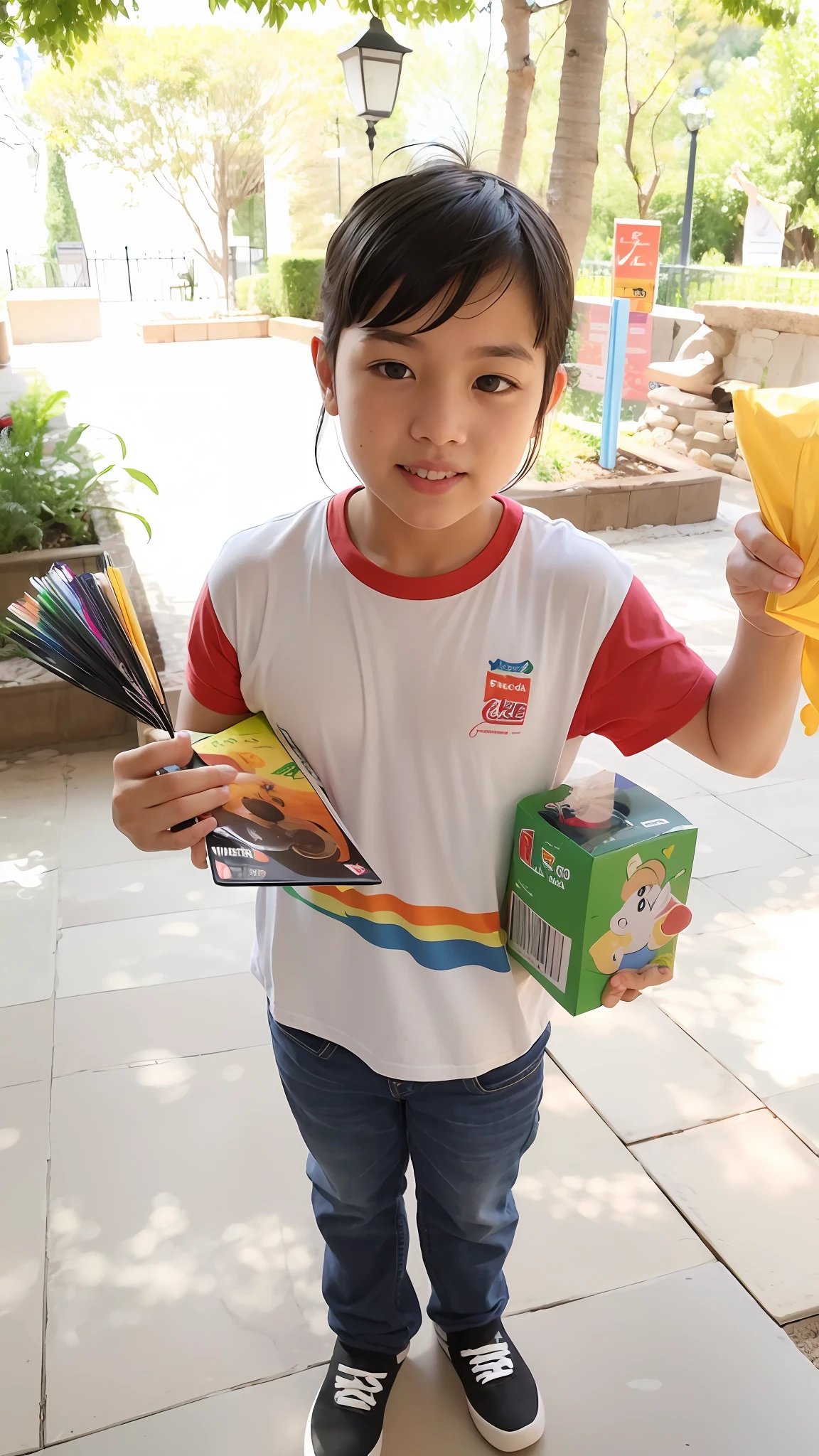 Boy holding a box and a kite in his hands, entregando caixa de parsel, segurando presente, presenting wares, with a happy expression, giving gifts to people, competition winning, um bonito, Presentes, Obra-prima maravilhosa, resplandecente e orgulhoso de suportar, grande obra-prima, obra-prima vencedora do concurso, print ready, captured with sony a3 camera, candid photograph, muito bonito