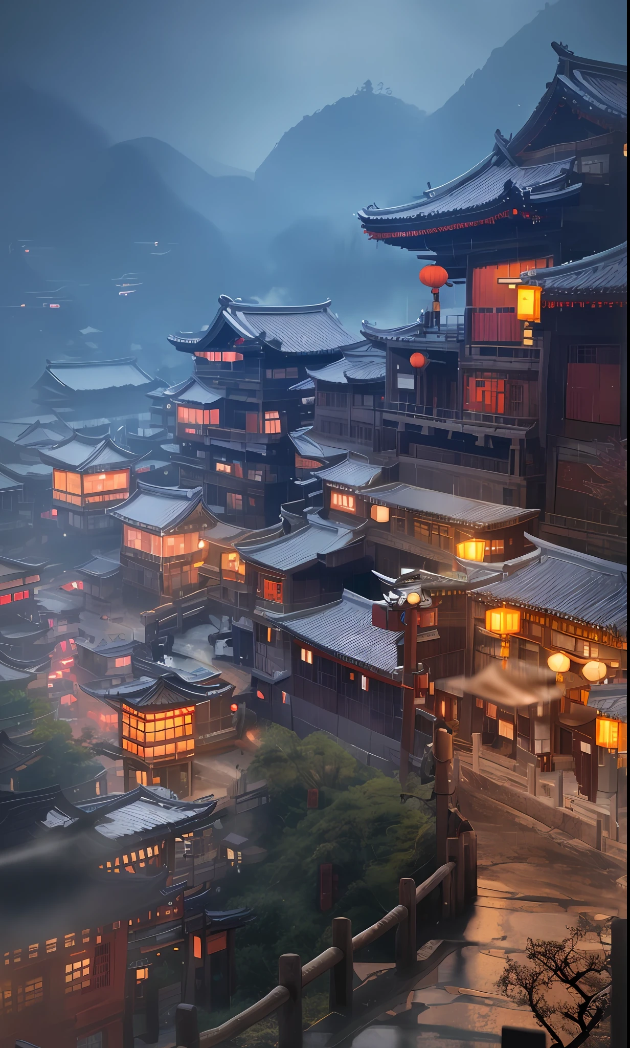 arafed view of a village with a lot of lights on the buildings, dreamy chinese town, chinese village, amazing wallpaper, japanese town, japanese village, hyper realistic photo of a town, old asian village, japanese city, by Raymond Han, rainy evening, cyberpunk chinese ancient castle, beautifully lit buildings, at evening during rain, beautiful and aesthetic, photography, cinematic, 8k, high detailed ((Heavy rain)))