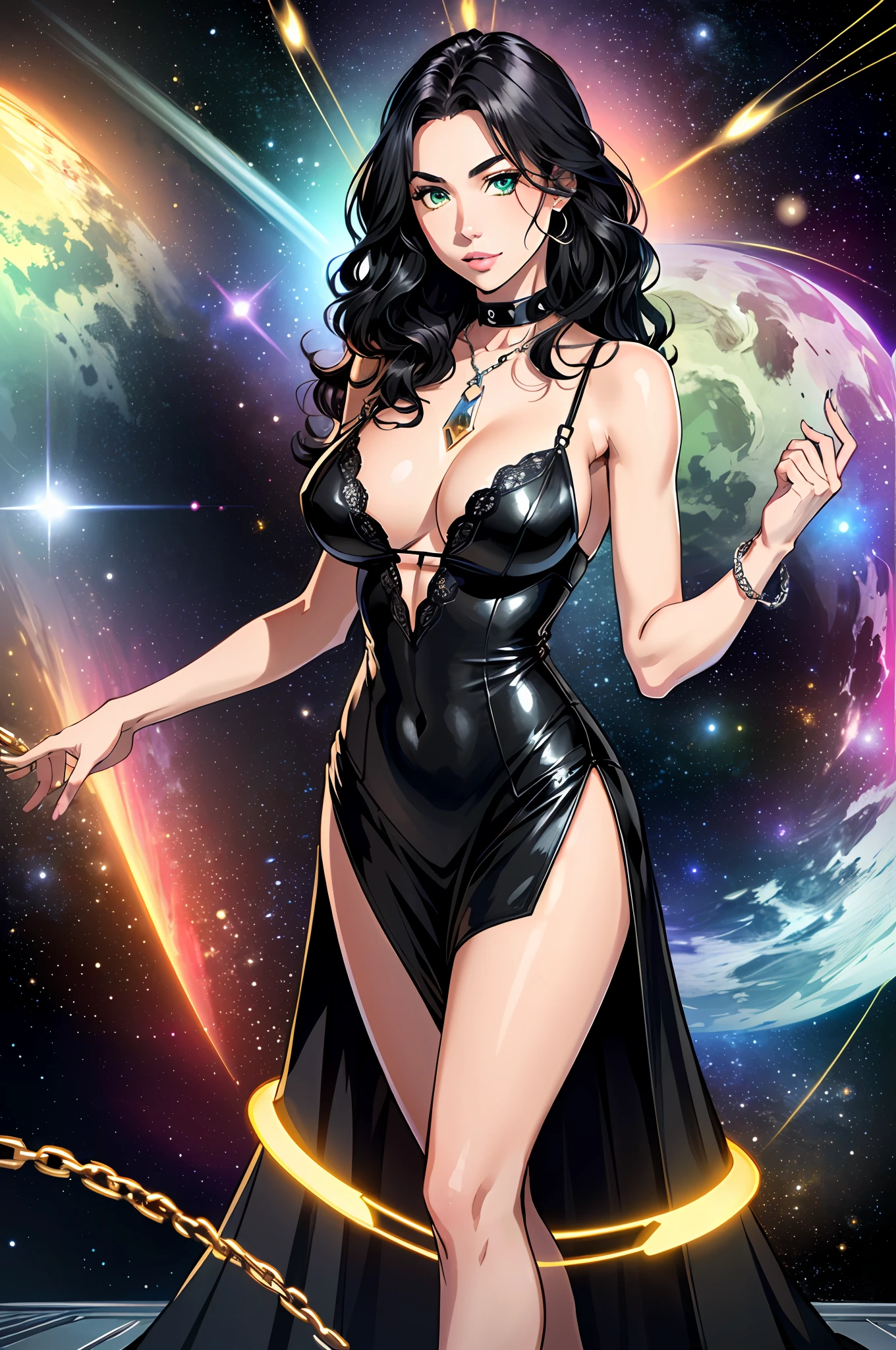 ((((A young woman))), the anime, Green eyes, (black hair), Nice face, ssmile, the perfect body, Wavy Hair, hairlong, (((morena))), big breastes, ((tmasterpiece, beste-Qualit)), illustartion, ультра детализированная 8k, Photorealistic, sharp-focus, higly detailed, Professional lighting, colorful details, Rainbow colors, Glowing, intricate detials, Vivid details, black leather dress, High-heeledshoes, décolleté, Straps, Short dress, chains on the hands, Hands tied with chains,  outer space, Star, Planet, space ships