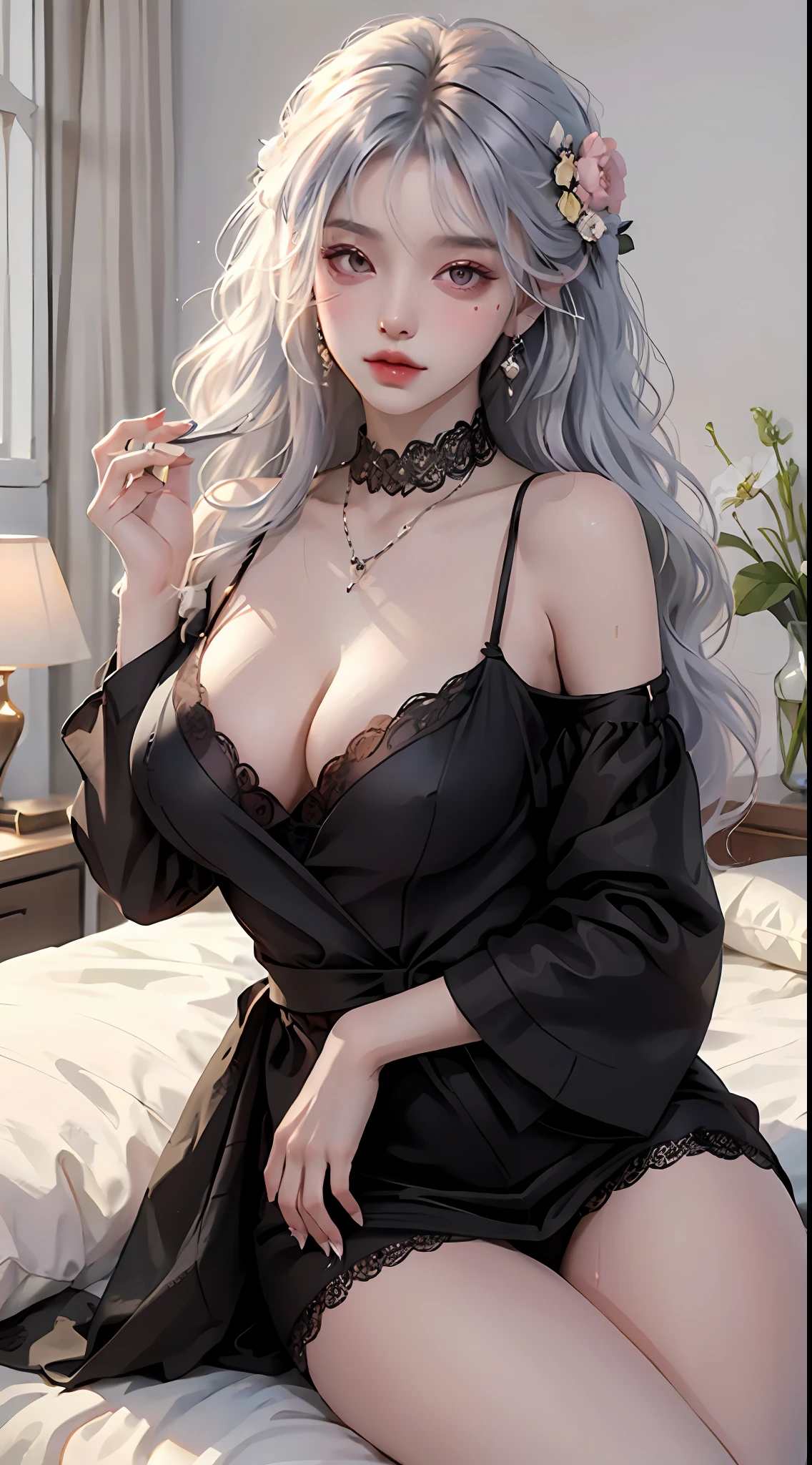 Masterpiece, best quality, (detailed background), high contrast, 1 girl, wearing black lace nightdress, full body, (white background: 1.5), clean line drawings, wavy light purple hair,  shoulders, very large , very huge , lying on bed, best quality, blush, looking at the audience, big , busty body, 8K, dress , shy, shy look, , lust,  eyes, wet skin,  thighs, light on face, teddy bear, 18 years old korean idol, necklace, earing, flowers on her hair