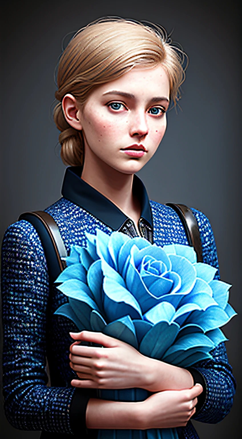 Waist length portrait of a 20-year-old girl，She held a bunch of blue roses，Natural skin texture，4k texture，hdr，iintricate，The is very detailed，tack sharp focus，Cinematic look，ultra - detailed