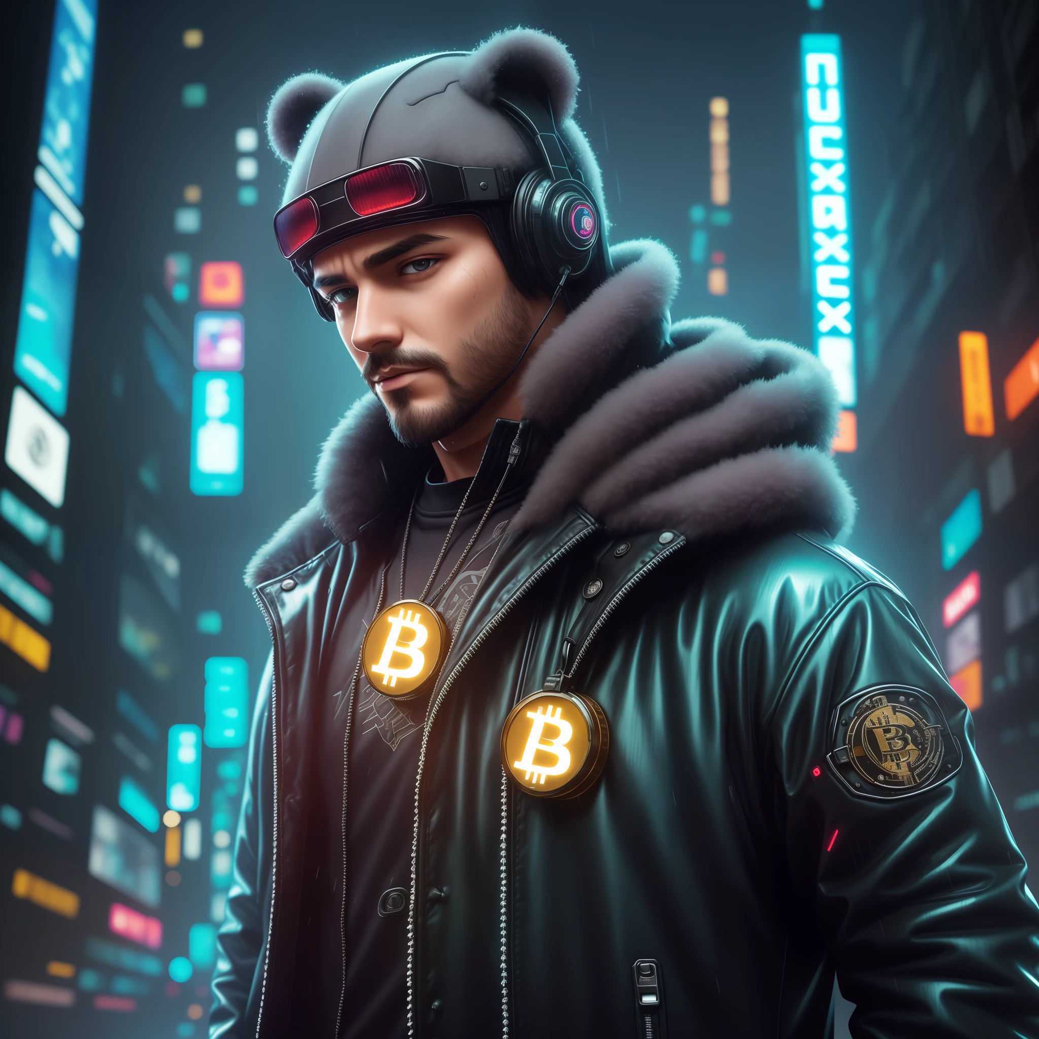 Create a breathtaking masterpiece with stunning effects, plush teddy, usando colar de bitcoin, wet, (cyberpunk:1.1), rain, epic realistic, rutkowski, hdr, intricate details, hyperdetailed, cinematic, rim light, muted colorsde