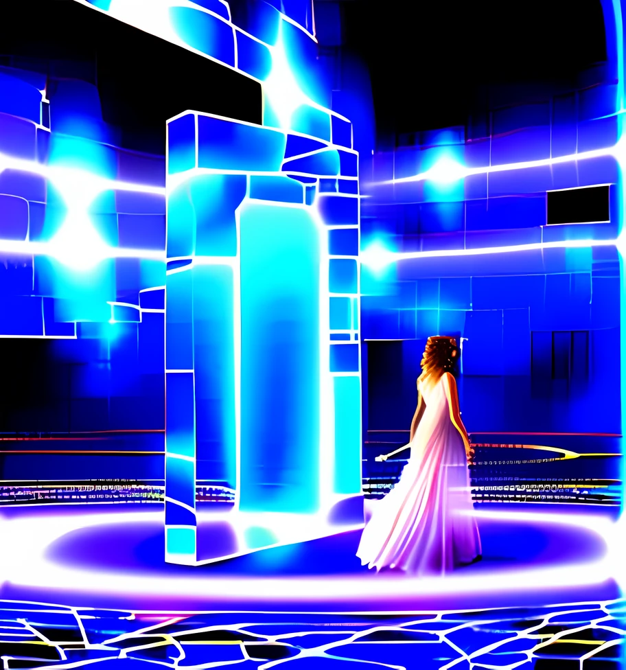 An Arad woman in a dress walks through a large glass structure, cube portals, ethereal hologram center, advertising photograph, hologram hovering around her, doors that are cosmic portals, gateway to another dimension, holographic projections, open portal to another dimension, transparent glass woman, gateway to another dimension, octa 8k, depicted as a 3 d render