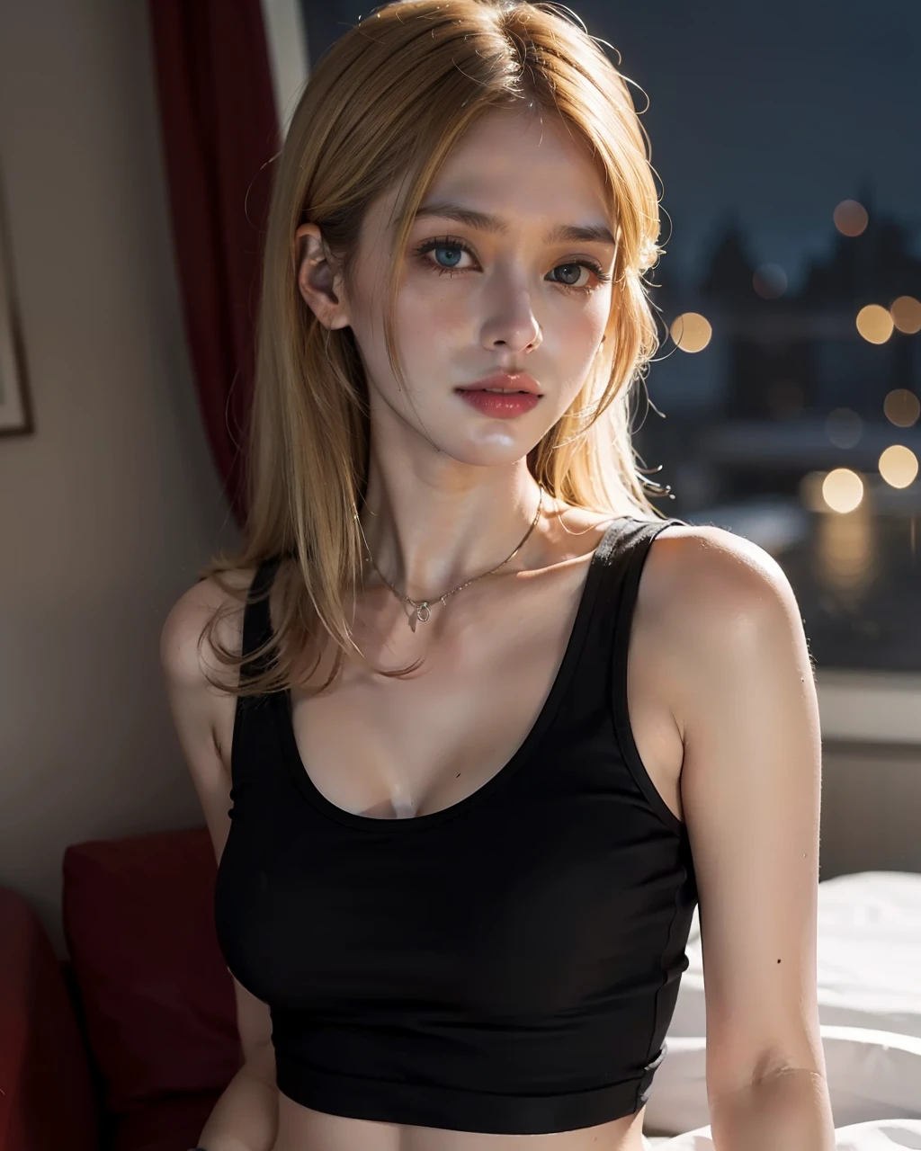 best quality, masterpiece, 1 girl, blouse, in the dark, blonde, black short tank top