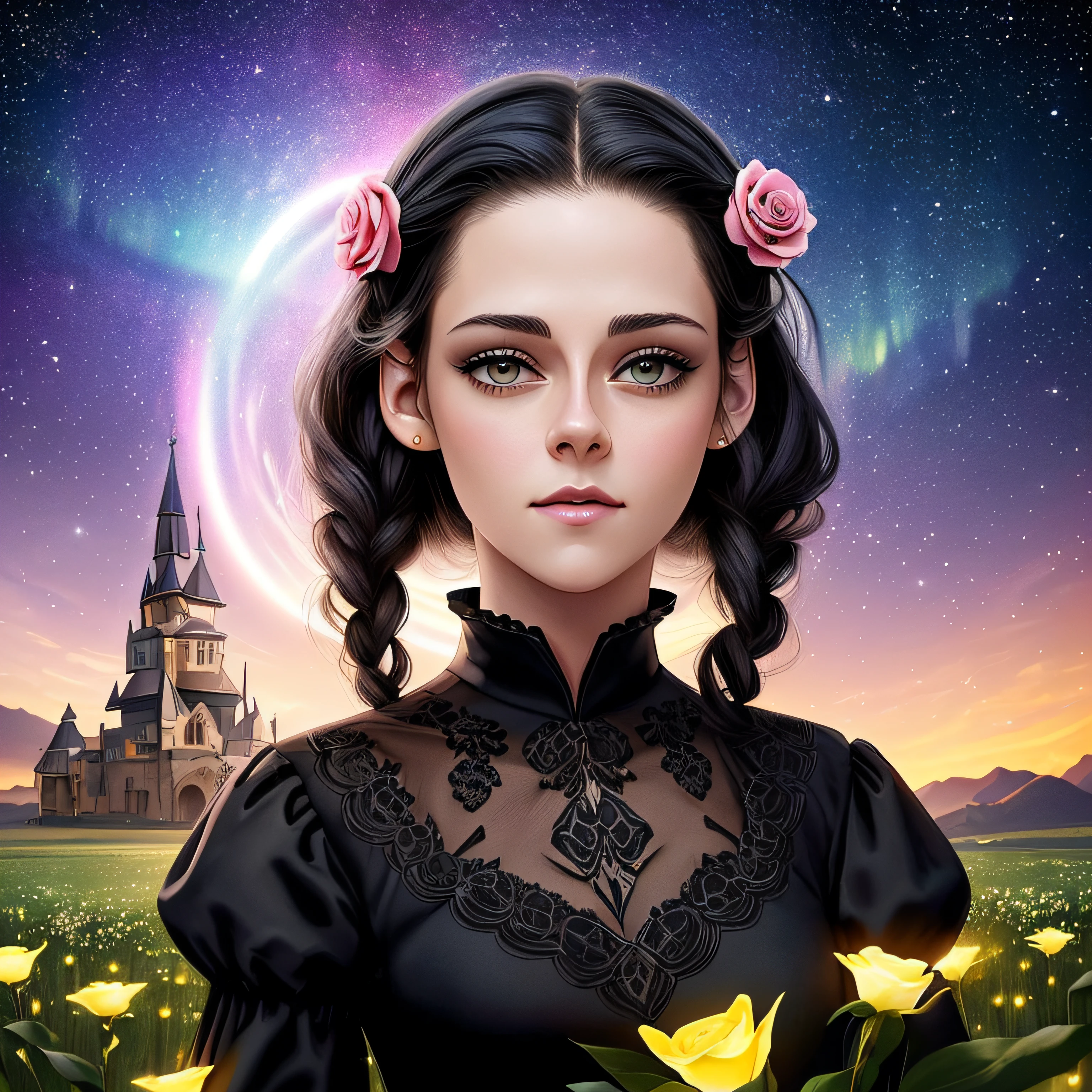 (((meio retrato))), (((there's Kristen Stewart wears strong black makeup straight black hair that's sexy pose for a field black flowers she wears a sexy black dress costume))), (((A flying saucer and castle visible in the sky))), (((aurora borealis visible in the background))), (((estrelas vermelhas sao visiveis no ceu))), (((it's at night))), Beautiful digital illustration, painting digital adorable, pintura realista da bonito, retrato bonito da arte da fantasia, retrato bonito da fantasia, bela arte digital, stunning digital illustration, a beautiful artwork illustration, Digital painting nice, lindo pintura digital, retrato da arte da fantasia, bela arte digital, (((usando brincos de rosas))), usando gargantilha com um pingente pequeno, em batom preto (((iluminacao noite))), reflexo, profundidade de campo, foco no assunto,