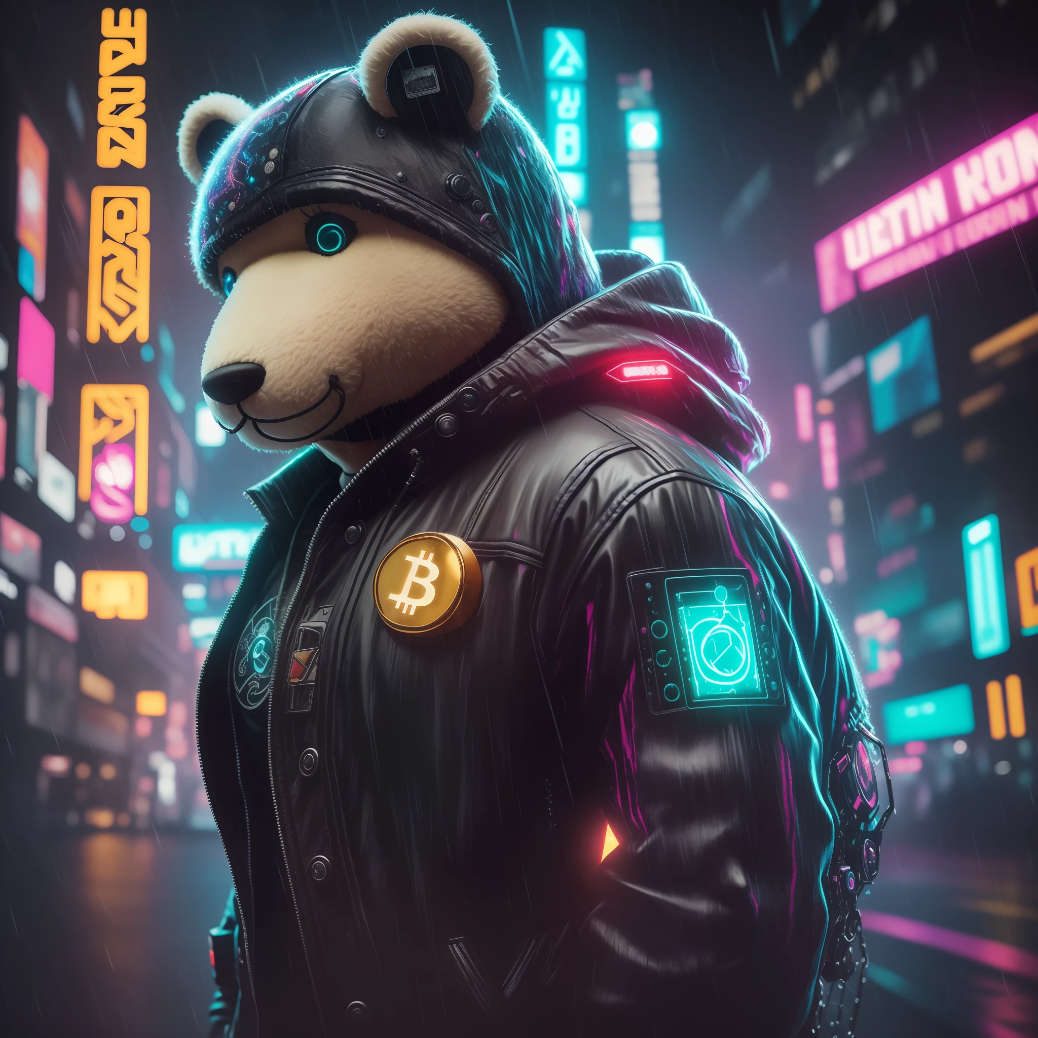 Create a breathtaking masterpiece with stunning effects, plush teddy, usando colar de bitcoin, wet, (cyberpunk:1.1), rain, epic realistic, rutkowski, hdr, intricate details, hyperdetailed, cinematic, rim light, muted colorsde