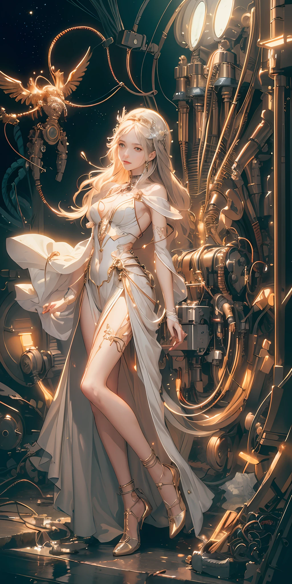 (((masterpiece))), (((best quality))), ((ultra-detailed)), (highly detailed CG illustration), ((an extremely delicate and beautiful)),cinematic light, lens flare,
((1mechanical girl)),(((Full body))),(machine made joints:1.2),machanical limbs,(blood vessels connected to tubes),(mechanical vertebra attaching to back),((mechanical cervial attaching to neck)),expressionless,(wires and cables attaching to neck:1.2),(wires and cables on head:1.2), (character focus), science fiction, extreme detailed, darkrful, highest detailed, background