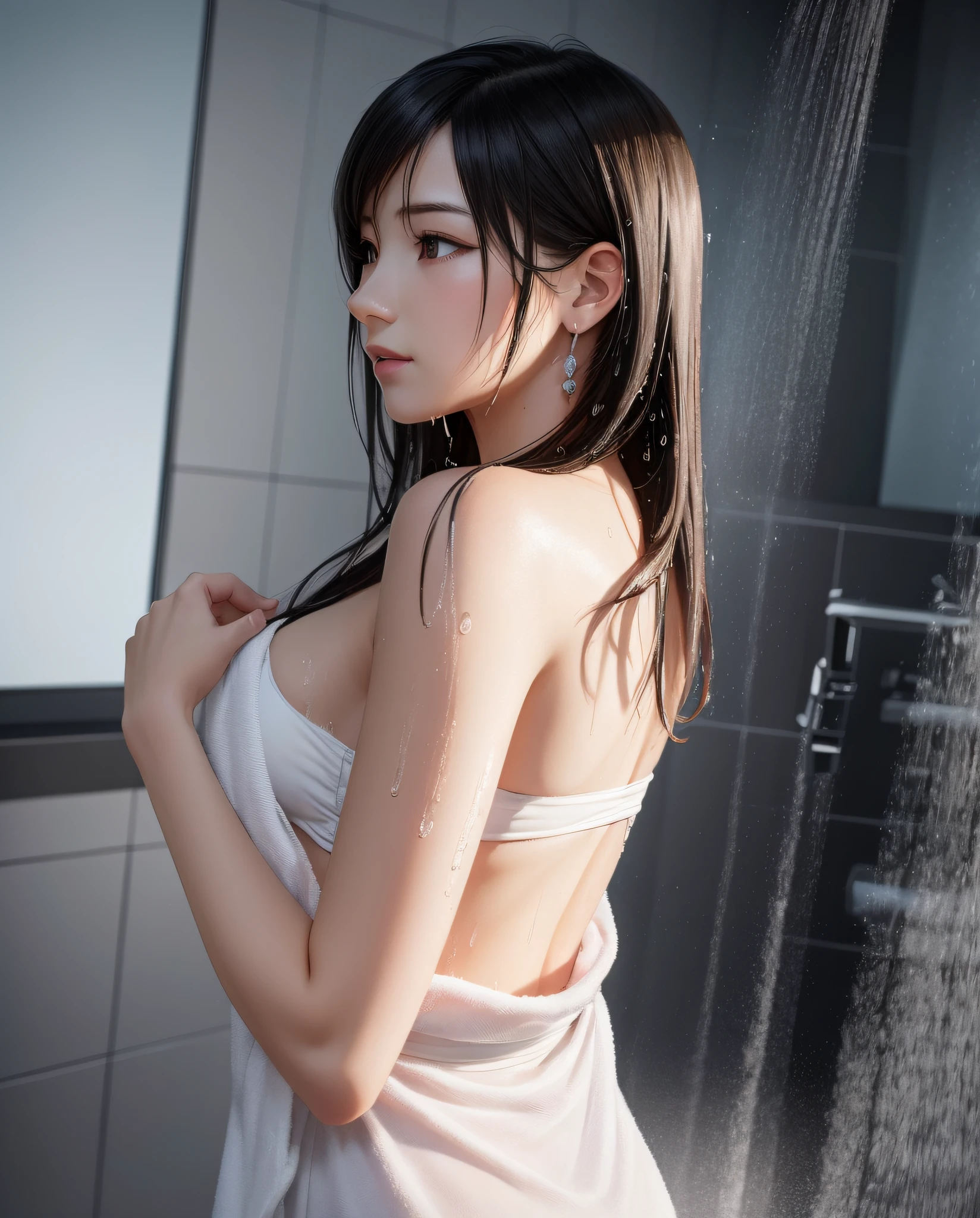 nsfw,(Top Quality, Masterpiece: 1.1), (Real: 1.4), BREAK (((FF7))) (((Tifa))),(solo,1tifa:1.2),Ultra-detailed face, Detailed eyes,((Light Brown Hair, Large breasts: 1.2)),from behind:1.2,looking away:1.5,(in the shower), BREAK (((FF7))) (((Tifa))),topless,((love hotel,shower room,glass),(girl wearing sheets:1.5,show off shoulders,sleeping with a sheet on), BREAK (shiny wet skin: 1.4),(wet hair:1.2), about 18 years old, BREAK sensual, BREAK (pink lighting:1.2),pink lighting lamp:1.1,water droplets