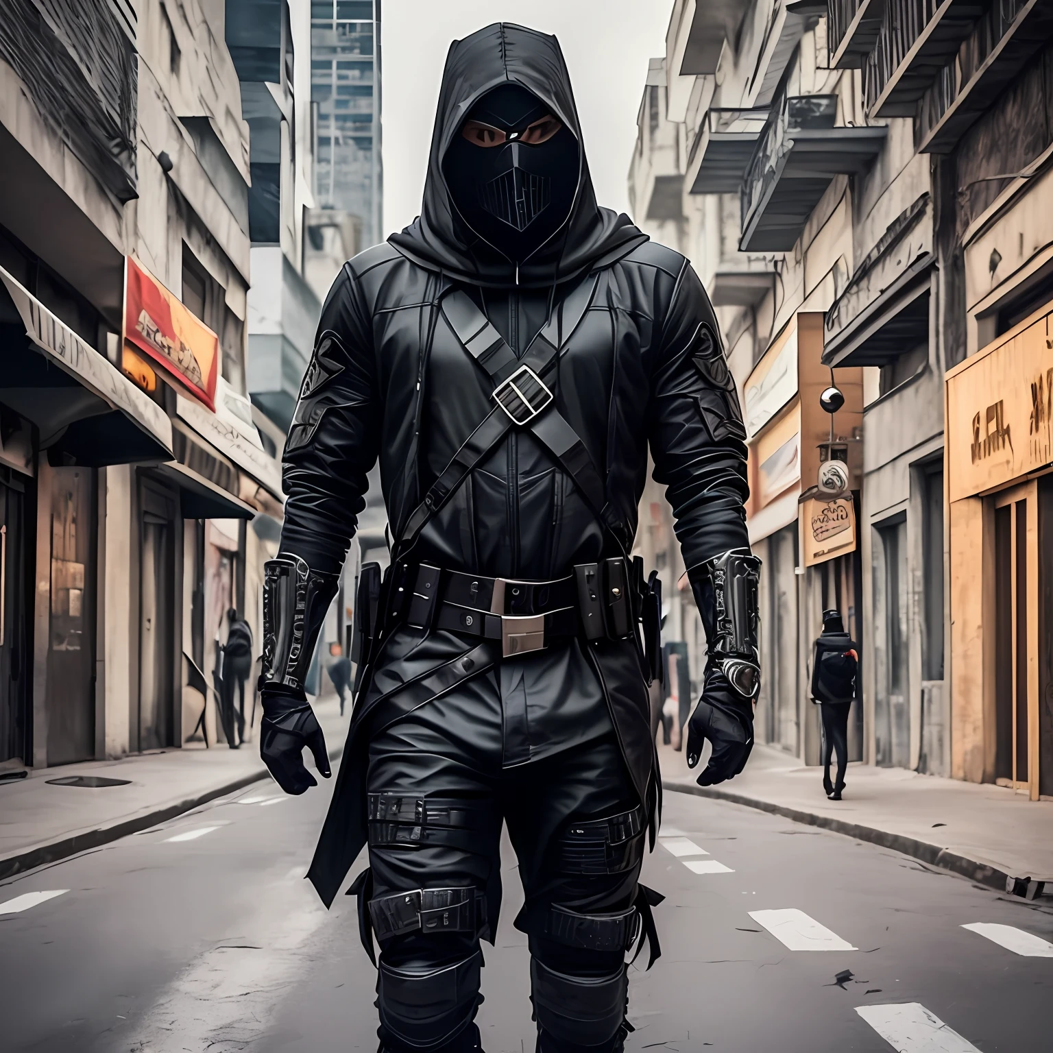 An aesthetic man with hood and black mask, dressed in a black warrior costume wandering the streets of a futuristic and apocalyptic city --auto