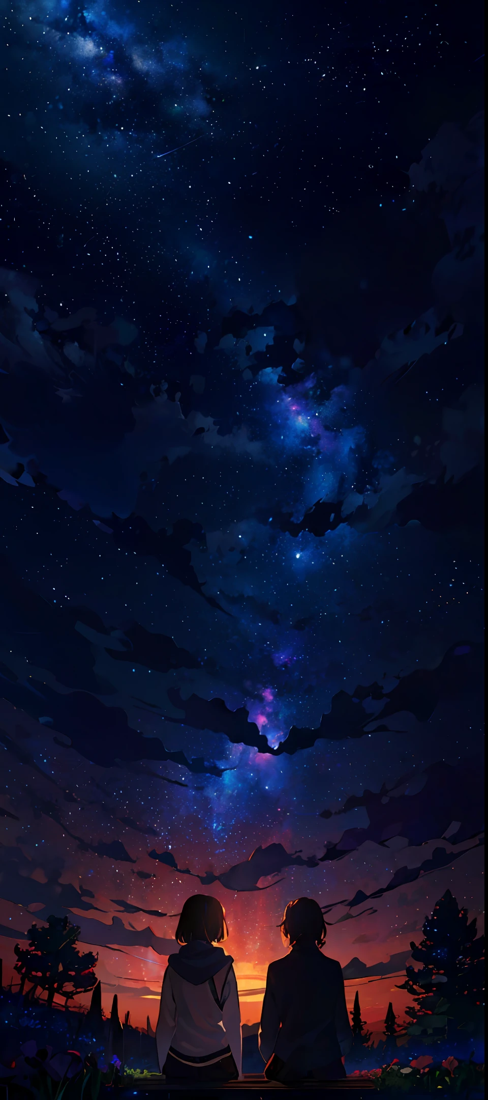 starry night with a couple of people sitting under a tree, night sky full of flowers, calm night. digital illustration, night sky; 8k, moonlit starry sky environment, starry sky 8 k, night under the starry sky, endless cosmos in the background, night background, beautiful night sky, cosmic skies. by makoto shinkai, starry sky, anime background