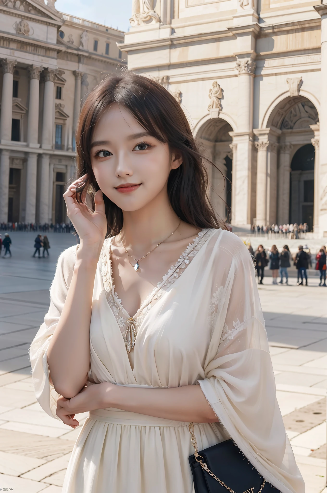 巨作, 4K, Best quality, FELute, necklace,Gorgeous dress, (on the St. Peter's Square of Vatican,crowd of),Bracers, Cowboy shot, lookatthe viewer, Smirk, Hand up
