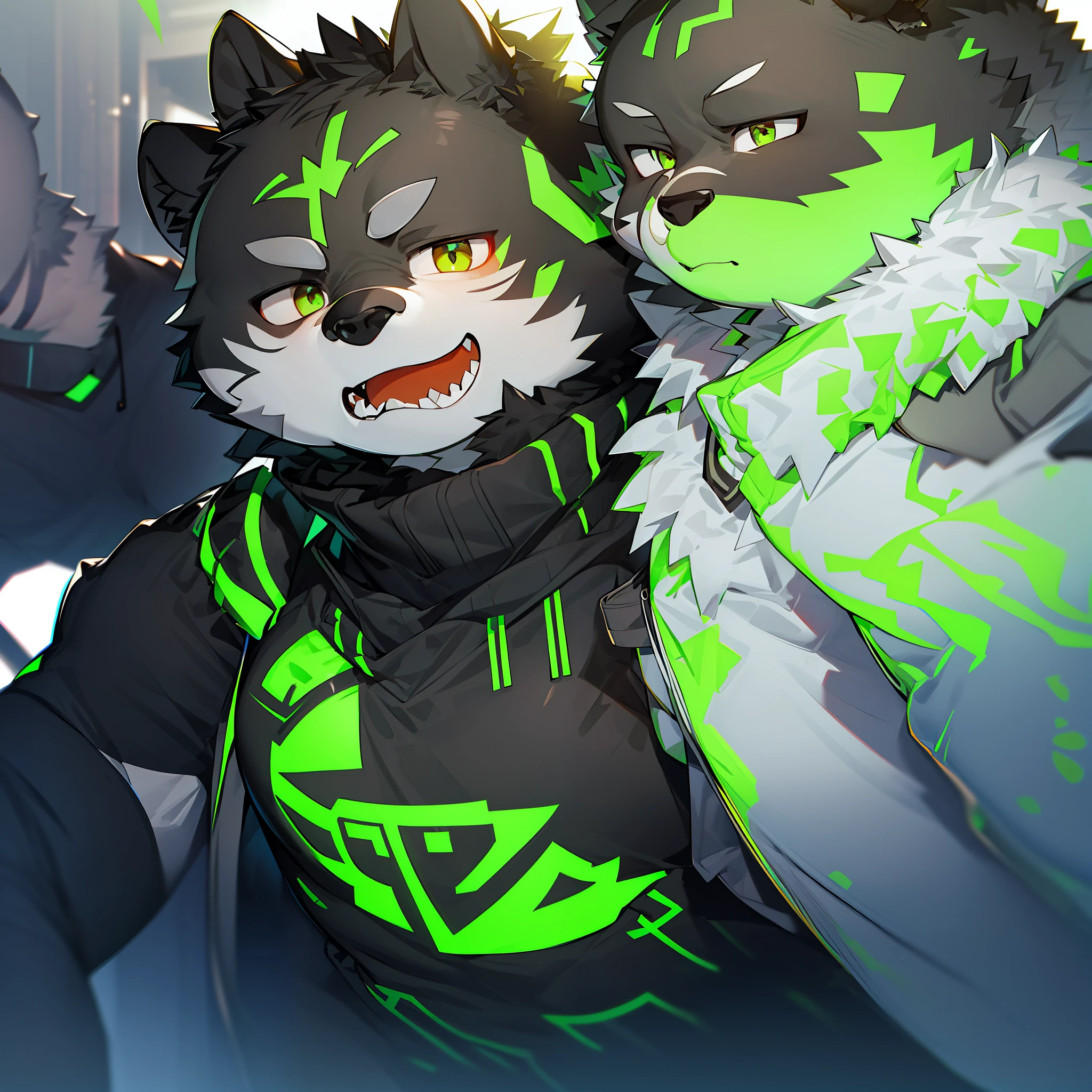 furry，black panther，Fluorescent green pattern，green pupills