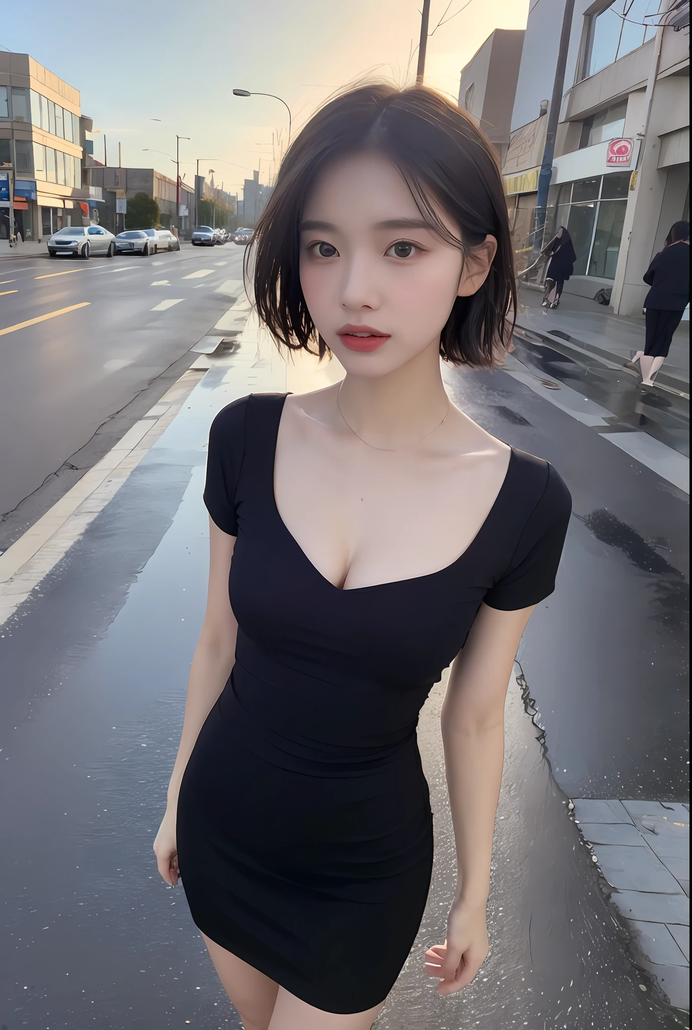 Black dress posing for photo, beautiful asian girl, Korean girl, cute thin face of girl, young woman, short hair, sakimichan, ((best quality, 8k, masterpiece: 1.3)), focus: 1.2, perfect body beauty: 1.4, buttocks: 1.2, ((layered haircut, beautiful breasts: 1.2)), (wet clothes: 1.1) , (Rain, Street:1.3), bandeau dress: 1.1, Highly detailed face and skin texture, Delicate eyes, double eyelids, whitened skin, long hair, (shut up: 1.3), after rain, (sky rainbow: 1.1), (black dress: 1.2), gorgeous streets