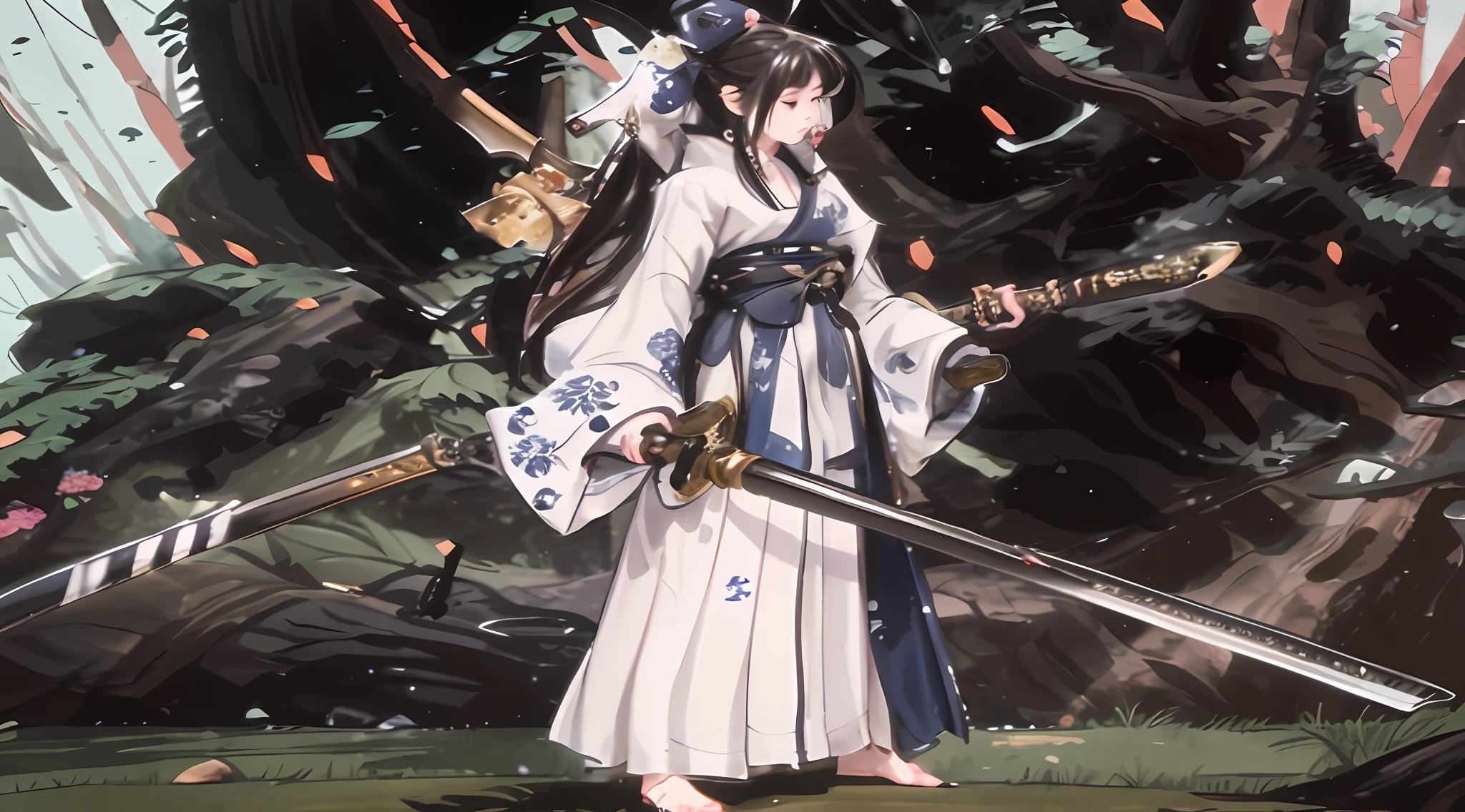 Anime girl shuttles through the dense forest with two swords in her hand,Detailed artistic images in Onmyoji style,Full body martial arts costume,Close-up highlighting the portrait of Onmyoji,Take 2.A fantasy artwork created by 5D CGI technology,A fusion of traditional Japanese concept art,《the original god》References to shock and nakari elements,Fox believers are armed with long-handled weapons,In stark contrast to female samurai。The left hand is slightly shaken,