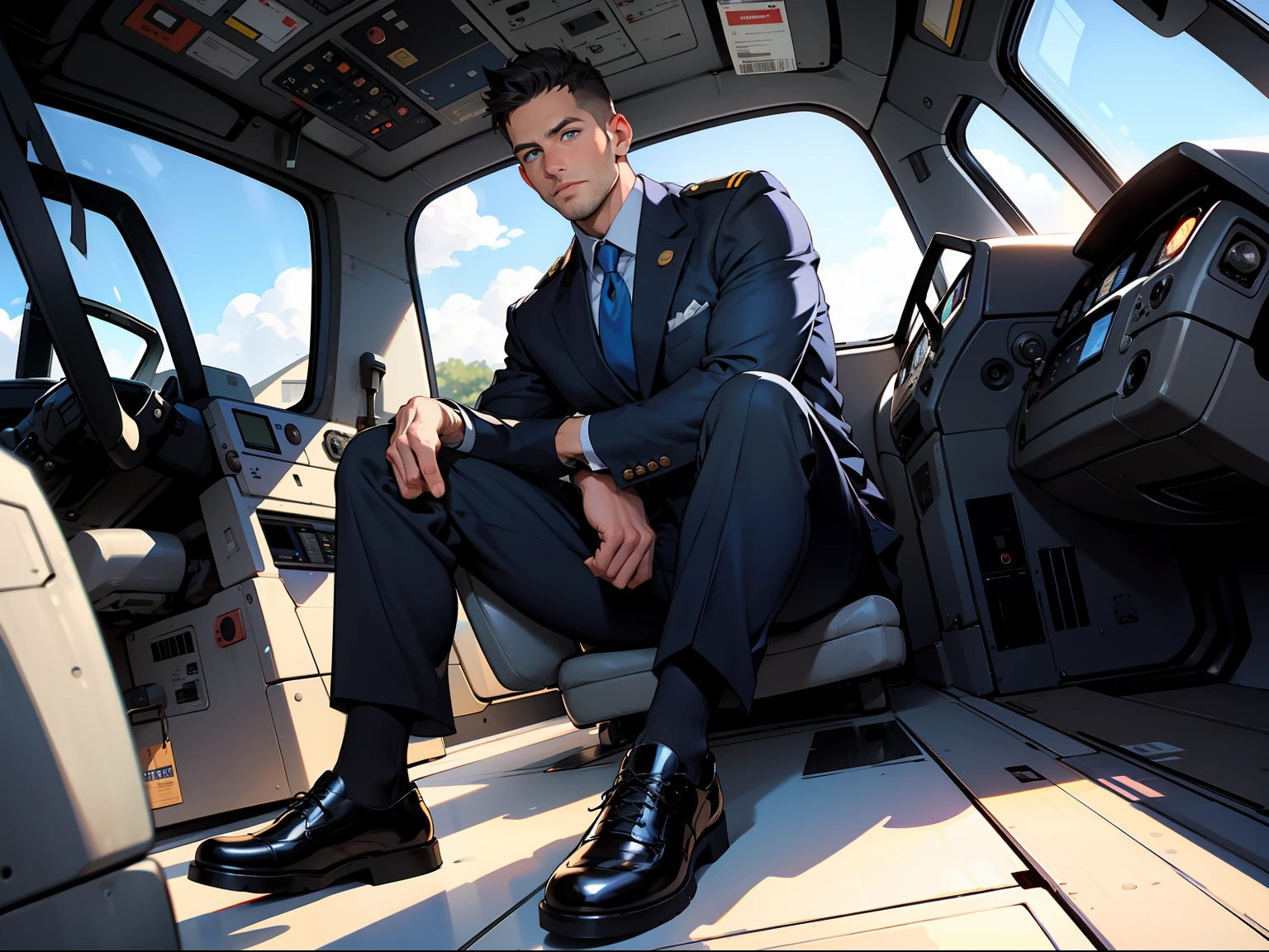 masterpiece, best quality, face, natural eyes, 1man, big feet, black socks, full body, (in suits), large bulge, long legs, looking at viewer, 30 years old, muscled and mature, pilot, pilot in uniform, short haircut, blue eyes,