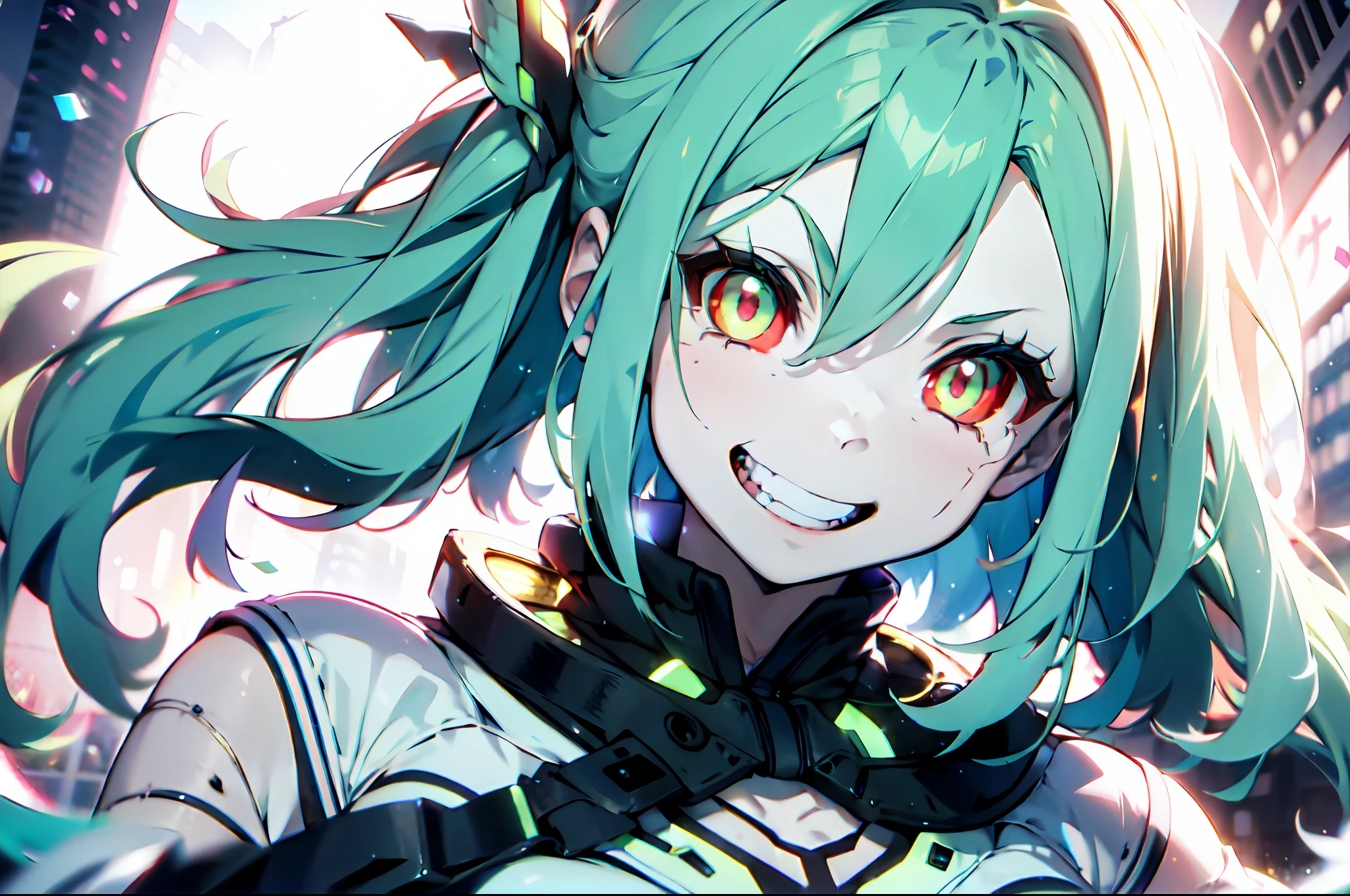 1girl, (solo:1.2), ((masterpiece)), slim, small chest, pale skin, ((detailed eyes)), (bokeh effect), green hair, red eyes, grin