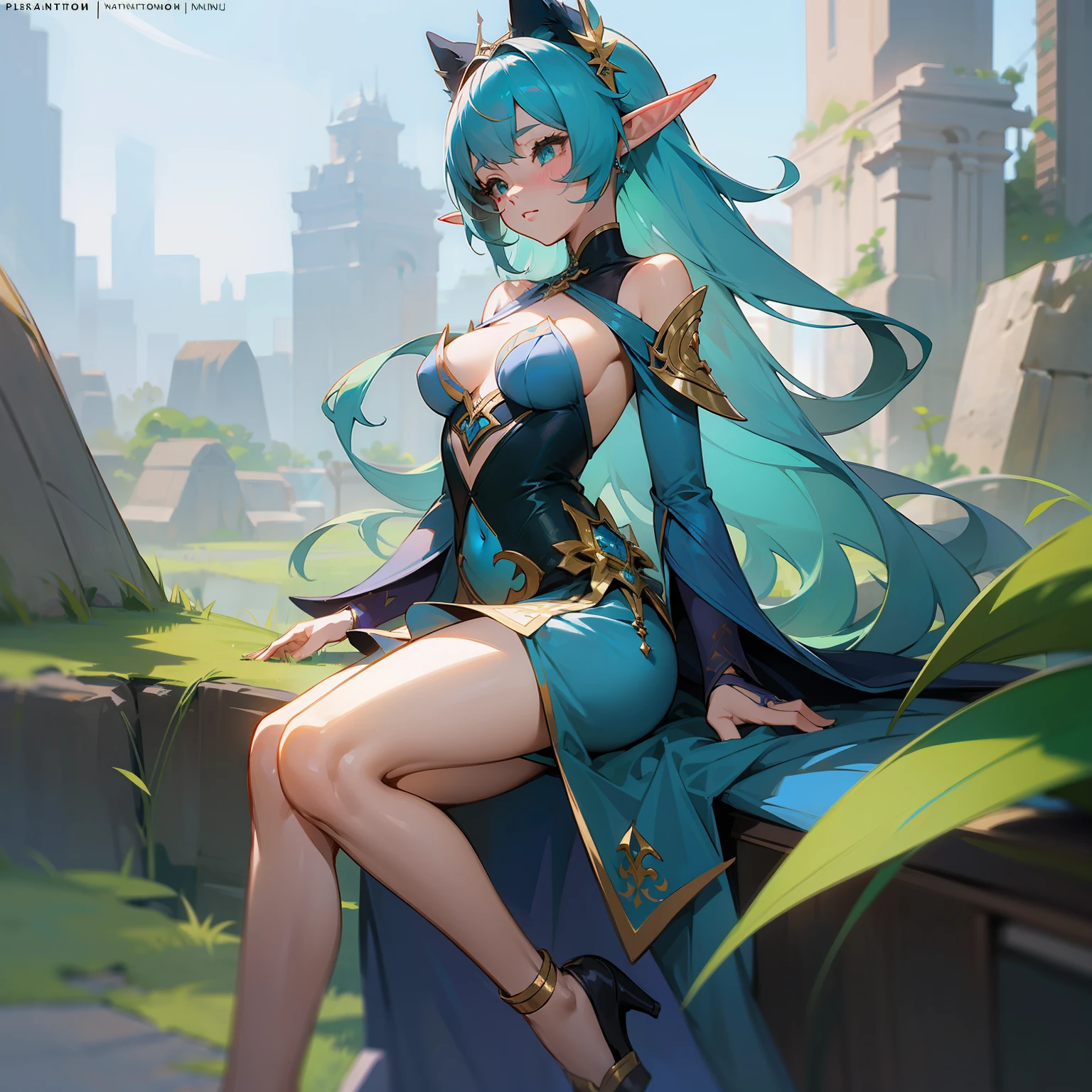 anime - style image of a woman with blue hair and a blue dress, extremely detailed artgerm, trending on artstation pixiv, artgerm on artstation pixiv, 8k high quality detailed art, anime goddess, ! dream artgerm, genshin, 2. 5 d cgi anime fantasy artwork, anime fantasy artwork,((elf ears)), ((long hair)), ((less clothes)), ((full body))