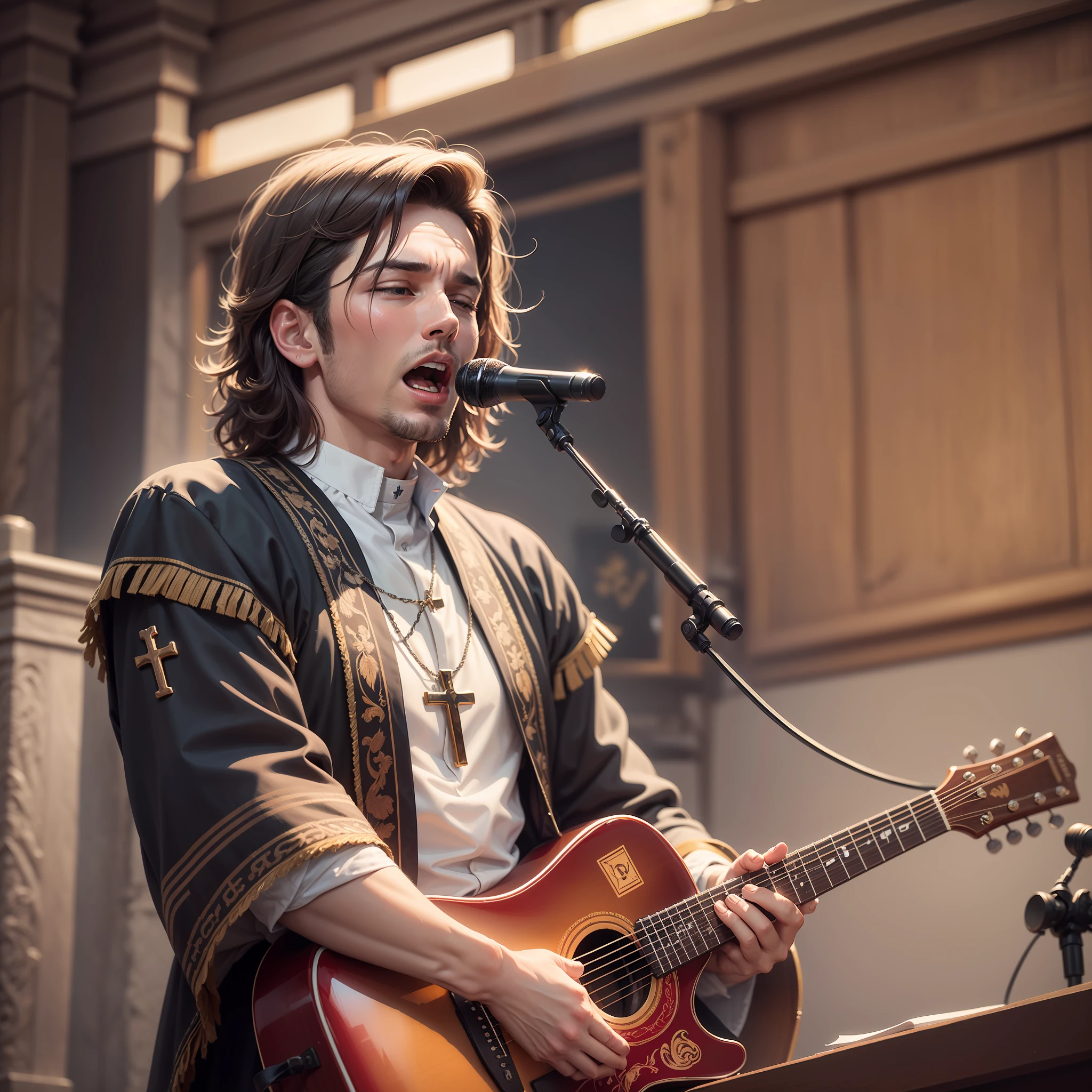 Create image of a Catholic man singing and playing viiomão using Christian symbols with phrase generation of saints ancient microphones