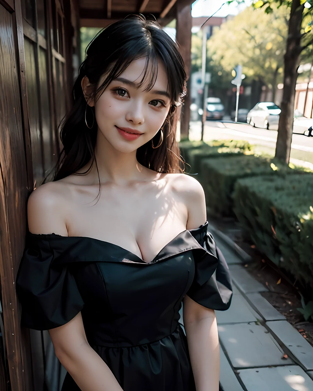 Best Quality, Masterpiece, An ultra-Highres, Raw photo, Beautiful and aesthetic, deepshadow, Dark theme,(Photorealistic:1.4), (1girl in, young beauty, smile, Black dress, offshoulder, Cleavage), out door