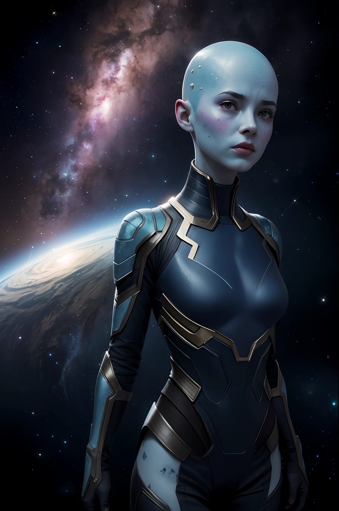 nebula, Nebula, daughter of Thanos, Bald woman dissolves into space, cry, pain, body complet, frostbitten skin, blue colored skin, Small pieces, Dust, watercolour, a color, Mysterious swirling shapes, Art, 独奏, Fantasy model, Realistic, crisp details, intricate detials , Ultra-realistic, With digital enhancement, 3D-эталон, 8k resolution, Irreconcilable graininess, over exposure, Sharp focus, UHD, 8K