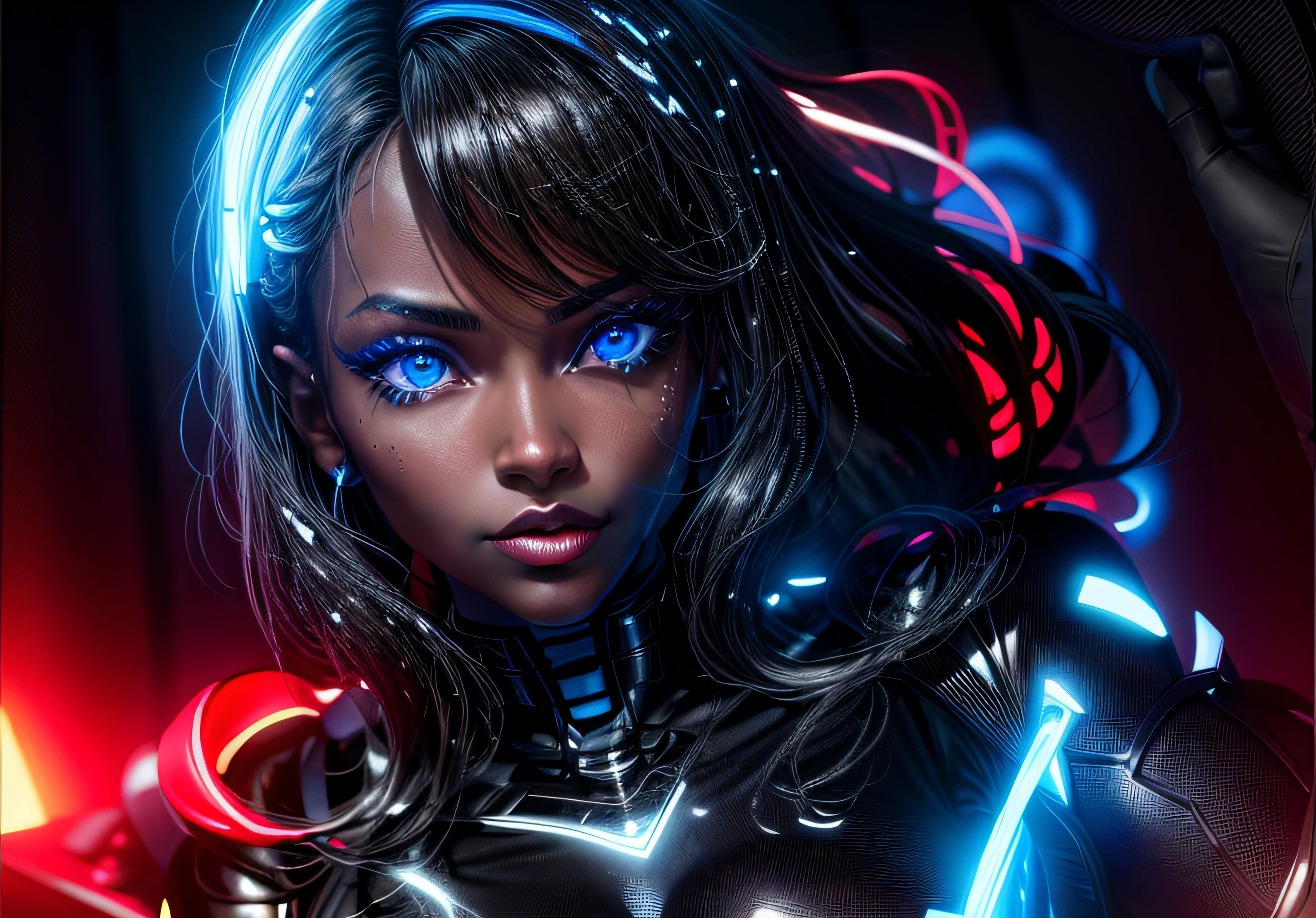 Beautiful black latex woman, olhos azuis, coberta com rosas vermelhas iluminadas, bright blue white glowing heart, visible from human, noite, Colouring, photography hyper-detailed cinematic hdr lighting, softbox lighting, Detalhe extremo, 8k, 3D-rendering, Hiper realista, NVIDIA,