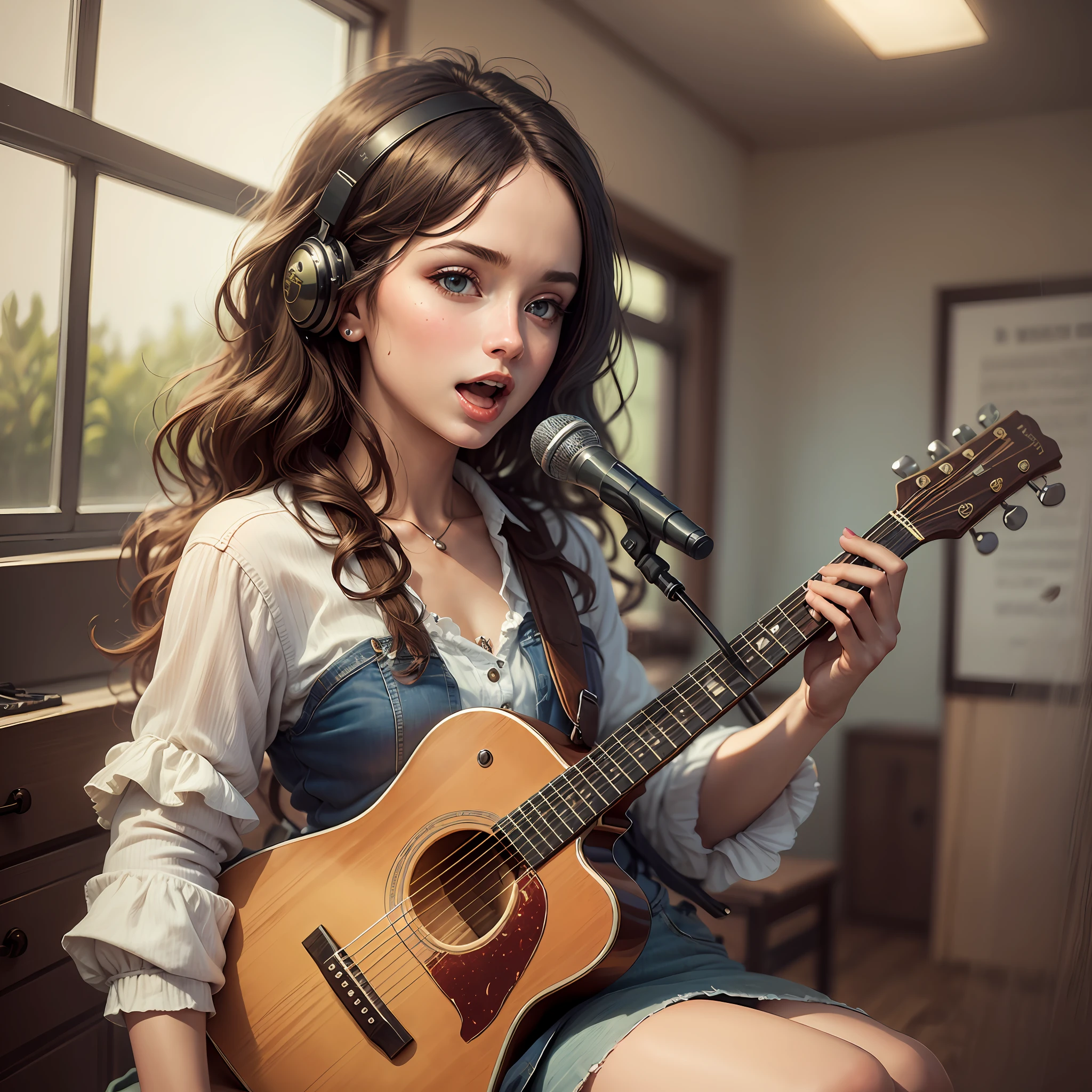 (((masterpiece))) beautifull girl into theclass singing, instrument, guitar, microphone, realistic, 32 k, Greg Rutowsky --auto --s2
