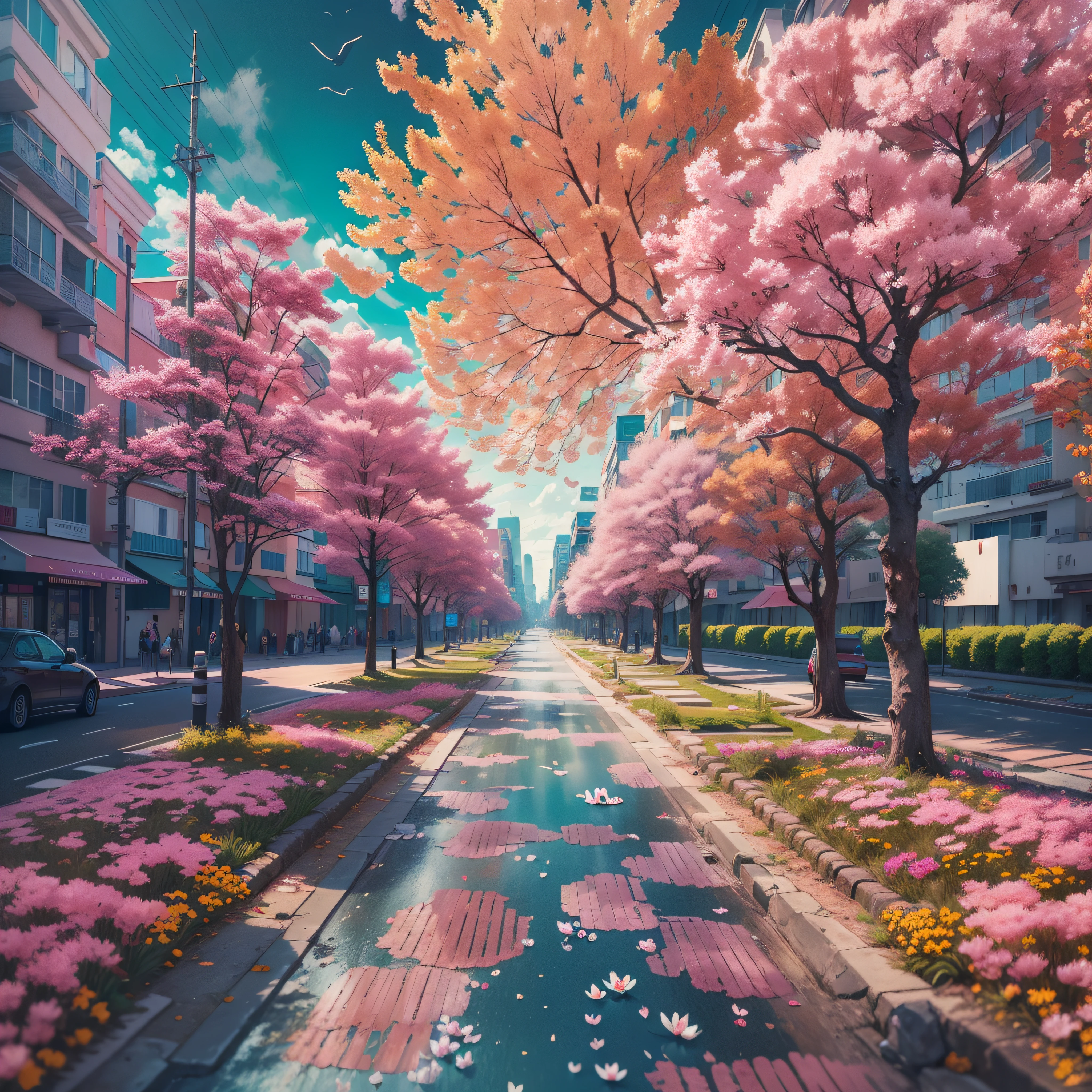 masterpiece, best quality, a city landscape with some sakura trees on the side near a highschool building, there is a light traffic on the street, some birds in the sky, wide view, abstract photography, flower photography, landscape photography, bright bold colors, flowercore, happycore, synthwave, summer, spring, fine art photography