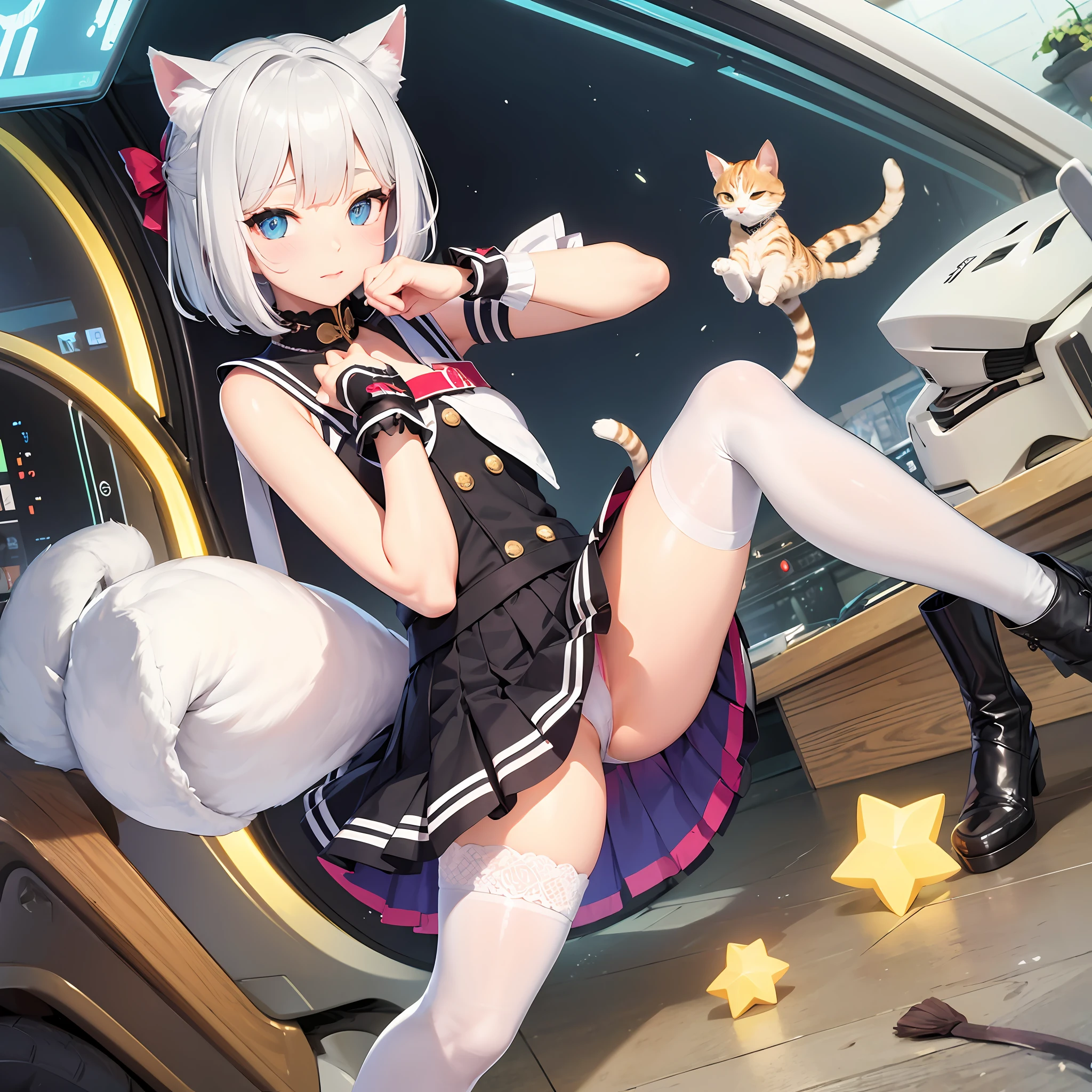 Leaking panties,pleatedskirt,cat ear,solo person,There are leg loops,white stockings,Silver short bob hair --auto