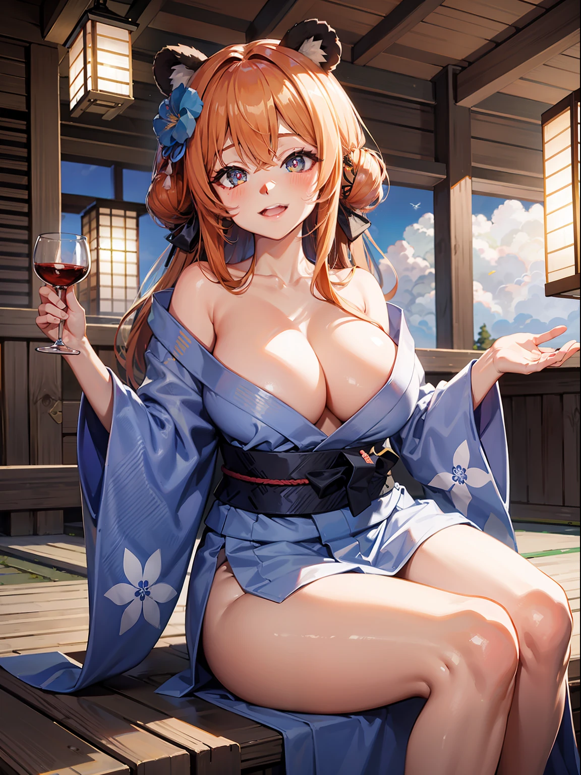 (1girl), (adult panda girl), (monstergirl), body complet, animal ears, panda ears, Foxtail, (nine tails), hair bun, hairpin, Hair Flower, colorful eyes, dilated pupils, long eyelashes, (Ahegao Face), (Milf), hot spring, Smile, Shy, blush, Drunk, expressions,, (nsfw), (lowered (yukata)), drinking alcohol, ginger hair, Precise, tsundere, Masterpiece, High Details, hiquality, hight resolution, 1080p, anatomically correct, Textured skin