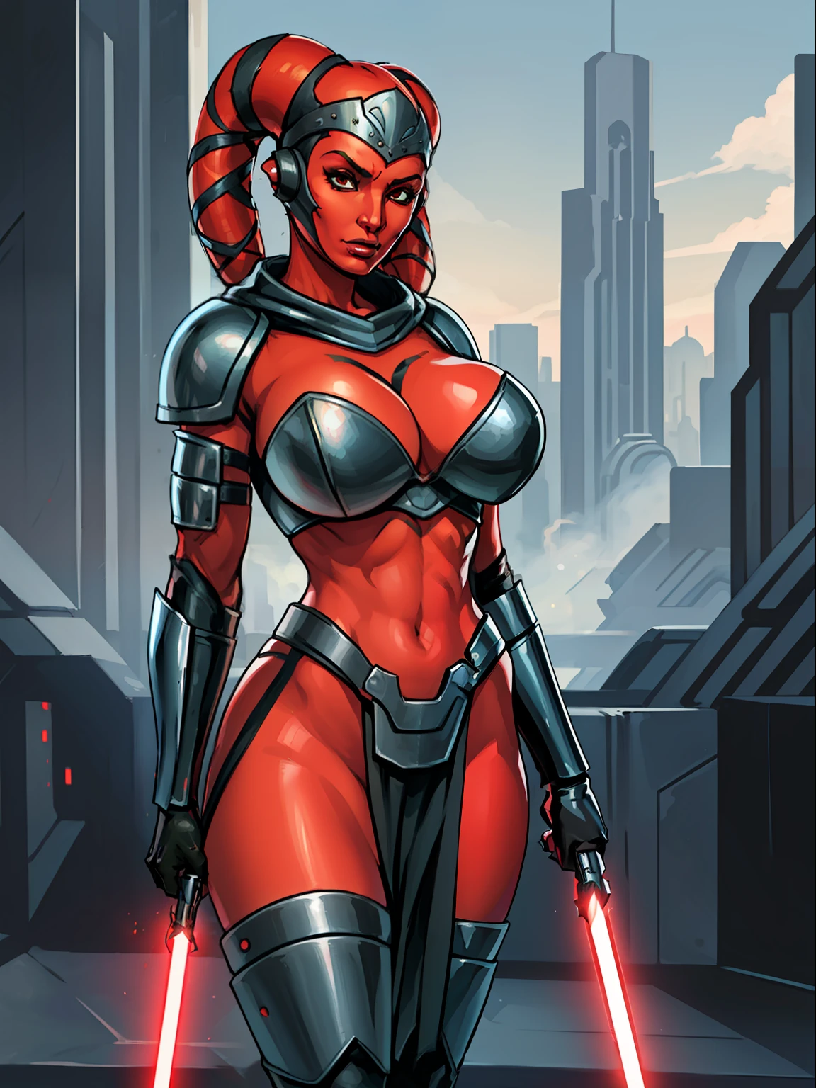 busty, ((red skin), twi'lek), dual red lightsabers, evil space knight, space ninja, (black robes, black stealth armor, breastplate, tunic, tabard, cowl, cloak, body glove, straps, buckles, skirts, long sleeves, fantasy, ((armor))), ((busty), slender body, thin, slim sexy body, slim waist, ((huge breasts))), Imperial starship, Star Wars,