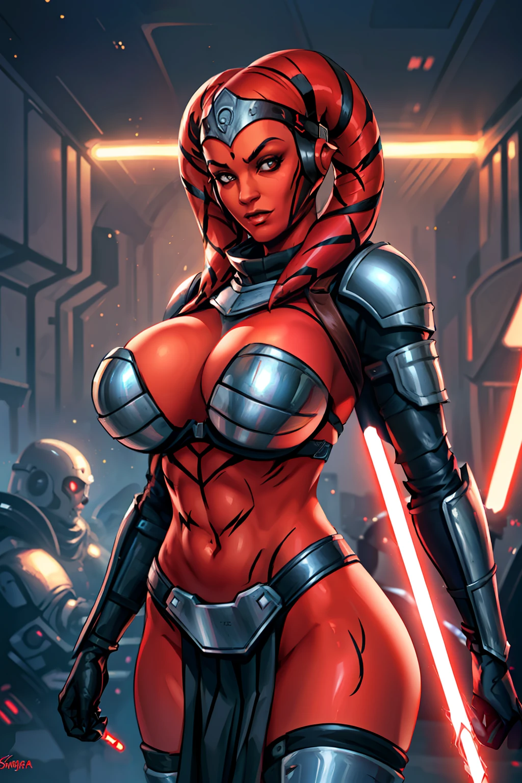 busty, masterpiece, best quality, highly detailed, award winning, high definition, ((red skin), twi'lek), dual red lightsabers, evil space knight, space ninja, (black robes, black stealth armor, breastplate, tunic, tabard, cowl, cloak, body glove, straps, buckles, skirts, long sleeves, fantasy, ((armor))), ((busty), slender body, thin, slim sexy body, slim waist, (((huge breasts)))), Imperial starship, Star Wars,