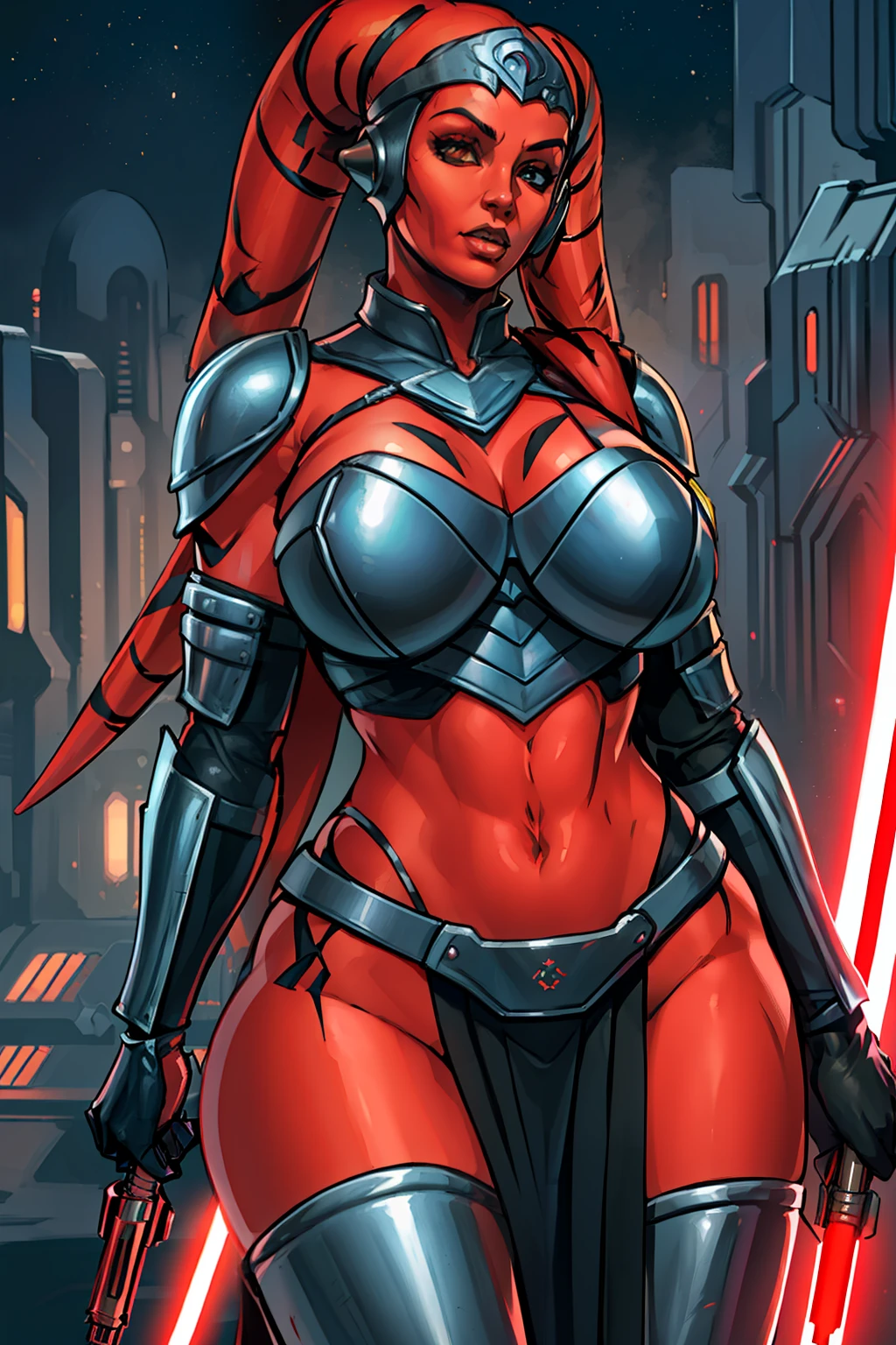 busty, masterpiece, best quality, highly detailed, award winning, high definition, ((red skin), twi'lek), dual red lightsabers, evil space knight, space ninja, (black robes, black stealth armor, breastplate, tunic, tabard, cowl, cloak, body glove, straps, buckles, skirts, long sleeves, fantasy, ((armor))), ((busty), slender body, thin, slim sexy body, slim waist, (((huge breasts)))), Imperial starship, Star Wars,