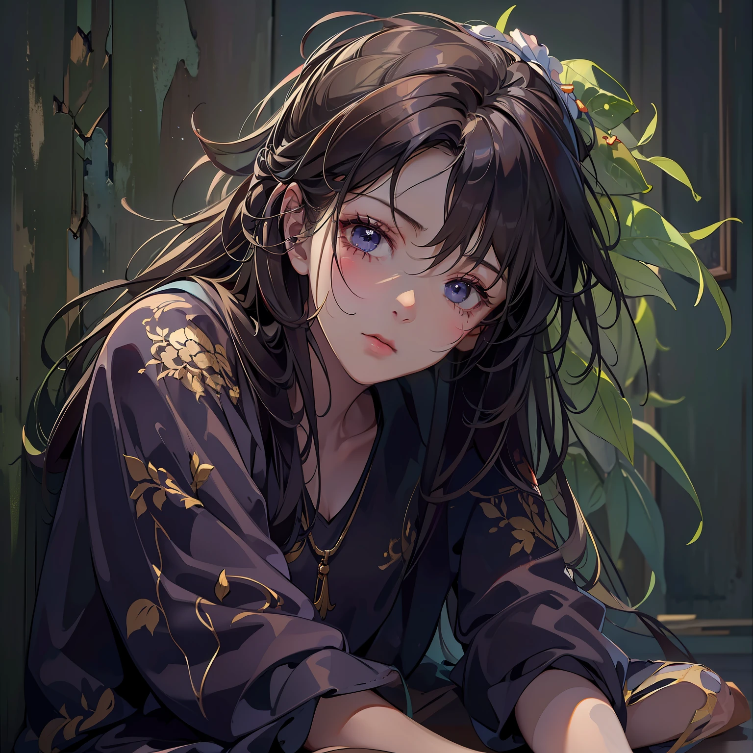 (A cute teenage girl with messy hair)
(Sitting on the ground, leaning against the wall)
(hands on the ground)
(In the room, around the dark)
(Opens his eyes)