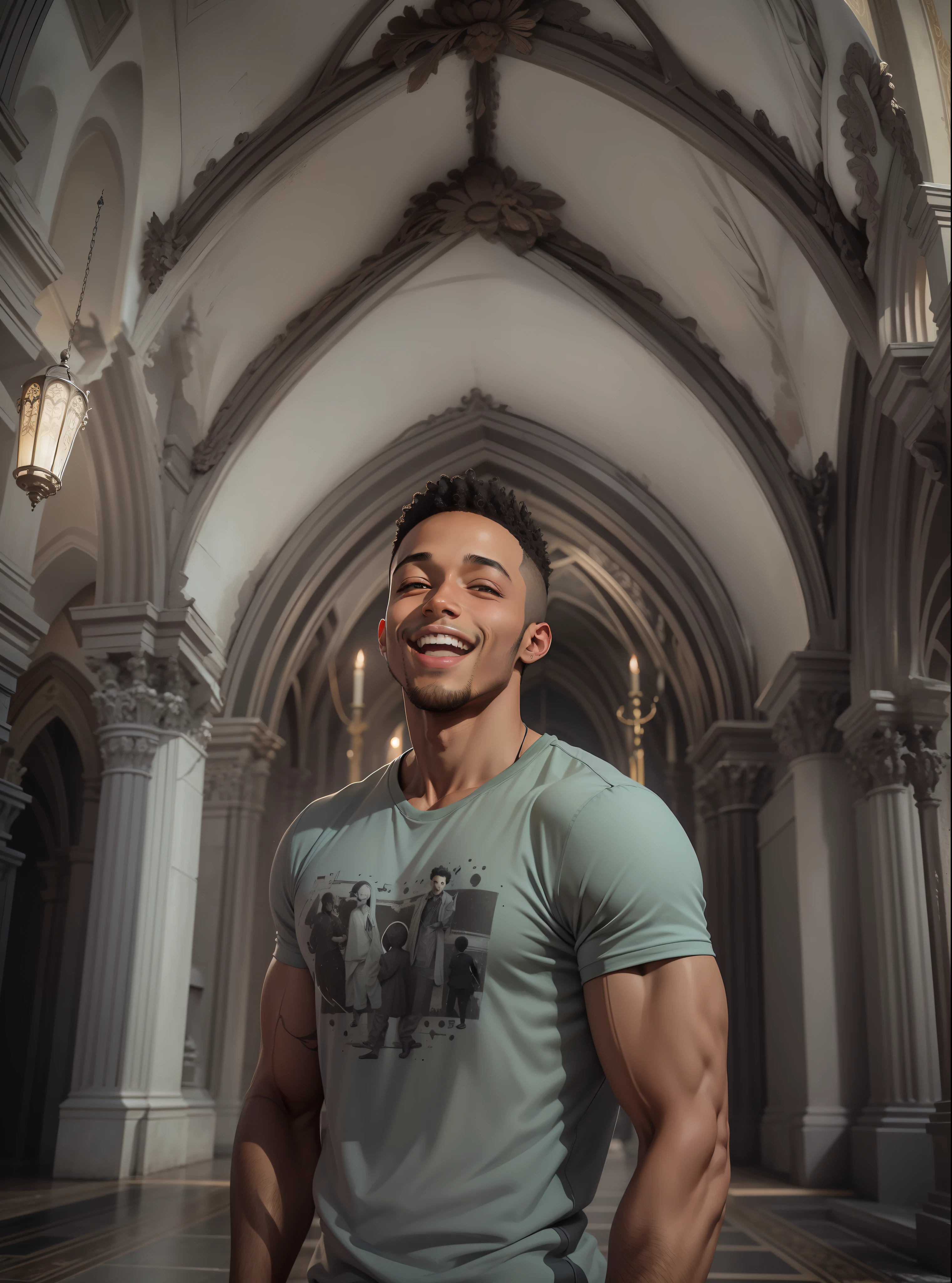 skinny young man, bem magro, vestindo camiseta preta, sorrido, feliz, muito feliz, wristwatch, Tahj Mowry, dentro de uma igreja adventista, Pose para foto, Foto de Stock, Directed by: Emma Andijewska, Directed by: Jakob Gauermann, igreja, foto de alta qualidade, mid portrait, foto tirada, Fotografe o conjunto, high resolution photo, Religion, amizade, muito expressivo, Anime realista, desenhado,