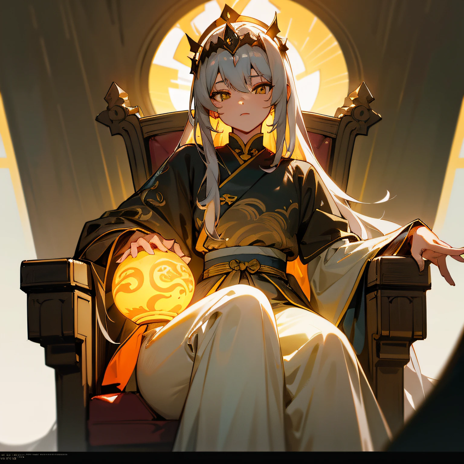 (Masterpiece:1.2), best quality, (illustration:1.2), (ultra-detailed), hyper details, (delicate detailed), (intricate details), (cinematic light, best quality Backlights), clear line, from below, solo female,perfect bodies,(1girl),Gray hair and yellow eyes,(the emperor,Black see-through garment),(tiara crown:1.1),sitting on an royal throne,Close your eyes slightly,low head,low head,(is shy:1.2 ), ((makeup)), High contrast, (best illumination, an extremely create and beautiful), ((cinematic light)), Bright colors,hyper-detailing,A high resolution,hyper-detailing,best qualtiy,astounding,top Quority,the Extremely Detailed CG Unity 8K Wallpapers,cinmatic lighting,cyber punk perssonage,Huaxia Shenlong,Huaxia Phoenix --auto