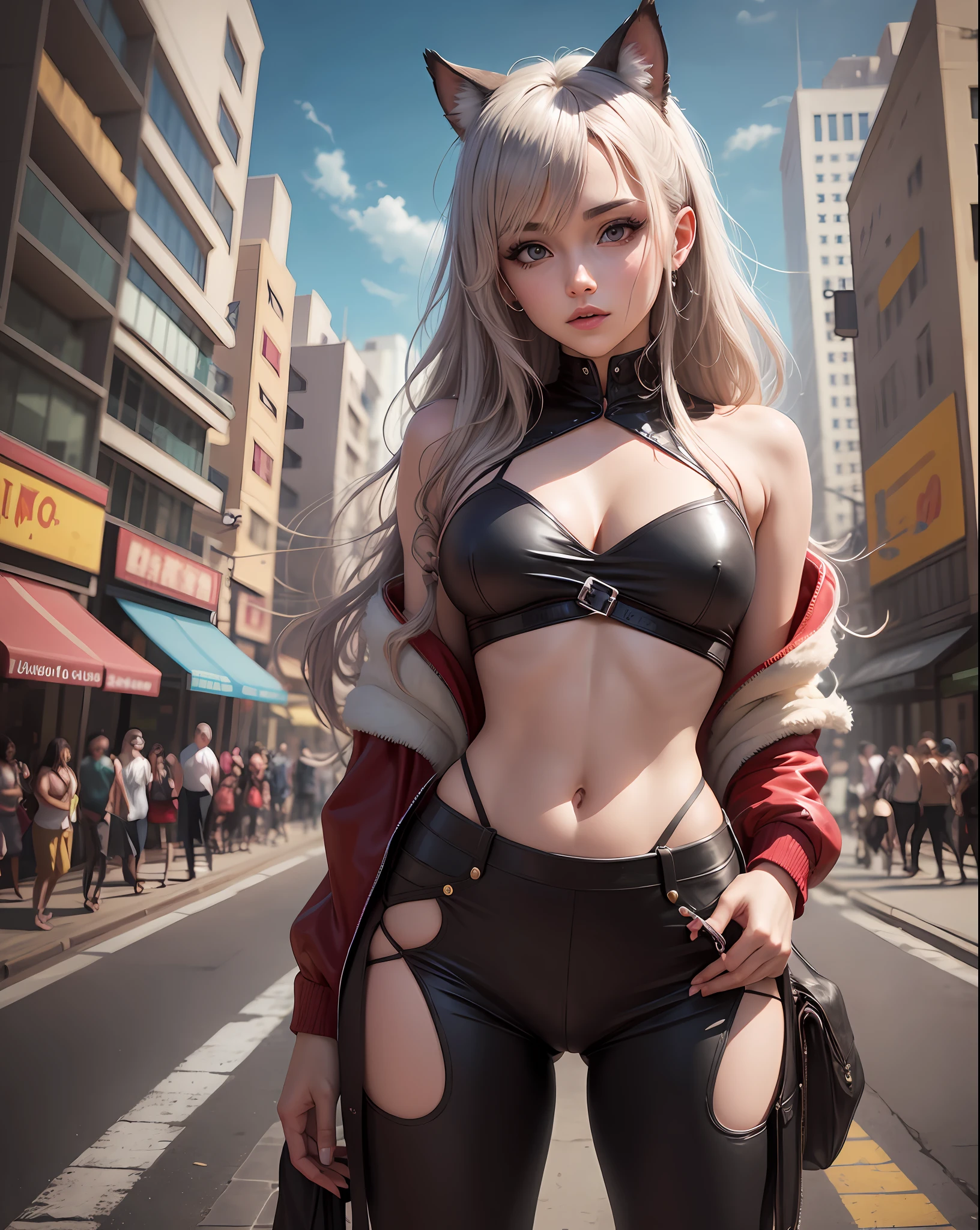 Ariana Grande com longos cabelos pretos amarrado rabo de cavalo, olhar triste e meigo, boca semiaberta, batom escuro, maquiagem escuro, orelhinhas de gato, Hands in pockets, molhada, fugindo de zumbis, Buildings on fire, sangue na rua, zumbis ao fundo, estilo filme de Hollywood, apocalyptic, low lighting, dramatic light, cinematographic scene, wearing a very open red jumpsuit, medium and pointed very , posando para uma foto, She's standing posing for the camera, garota solo, solo, cosplay do justiceiro, garota de anime na vida real, cosplay de anime, anime hiper realista, personagem de anime; arte de corpo inteiro, anime realista, estilo de arte de anime realista, anime ultra-realista, personagem de anime, como um personagem de anime, inspirado em anime, peitos grandes, sensual, decote, garota de anime realista, waifu anime. (max quality, ultra detalhada e realista, fotografia profissional, obra prima, profundidade de campo, estilo realista). Cidade a noite, beco escuro, rua escora, noite chuvosa