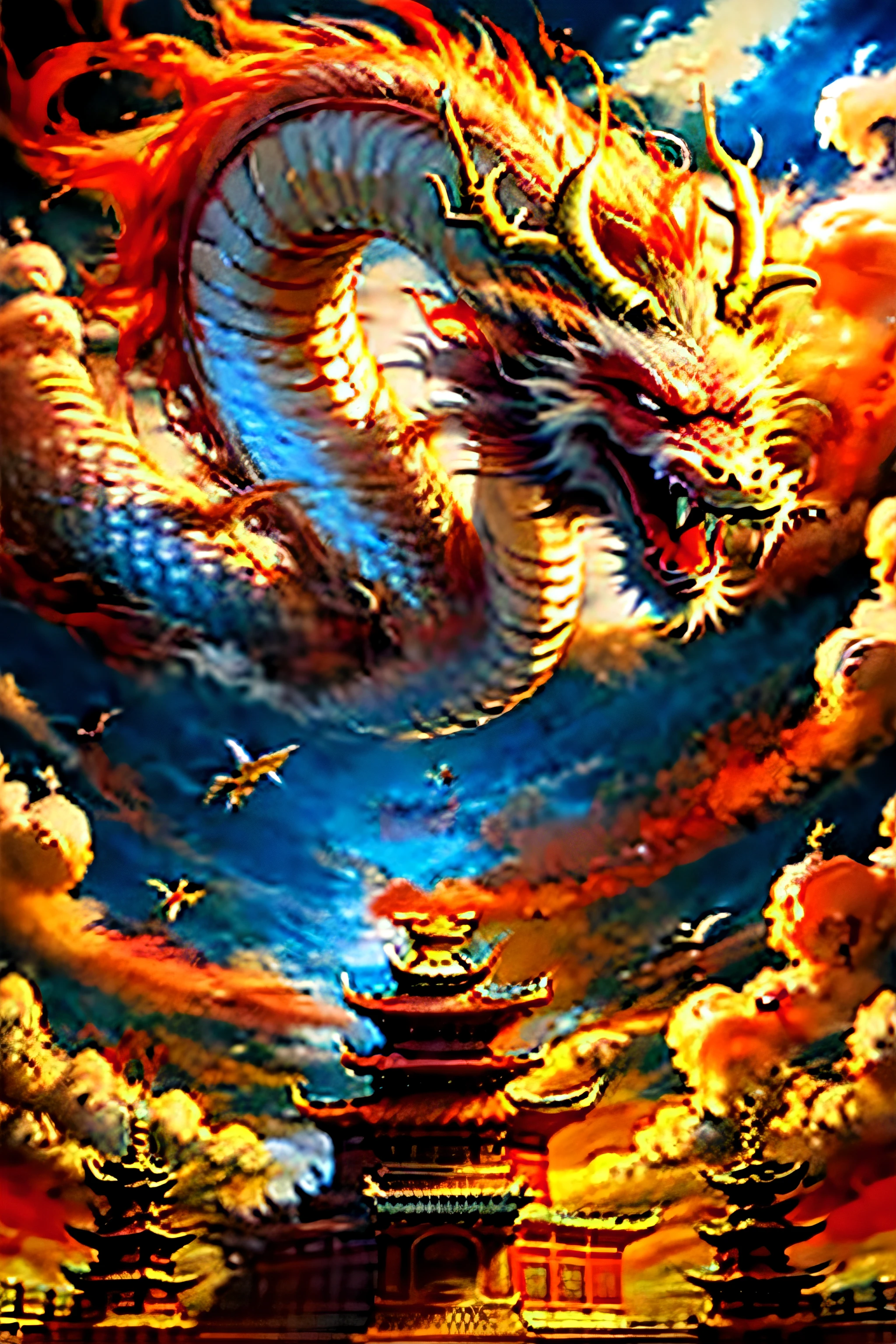 Best quality,masterpiece,ultra high res,nu no humans, (long:1.2),no humans, cloud, architecture, east asian architecture, red eyes, horns, open mouth, sky, fangs, eastern dragon, cloudy sky, teeth, flying, fire, bird, wings