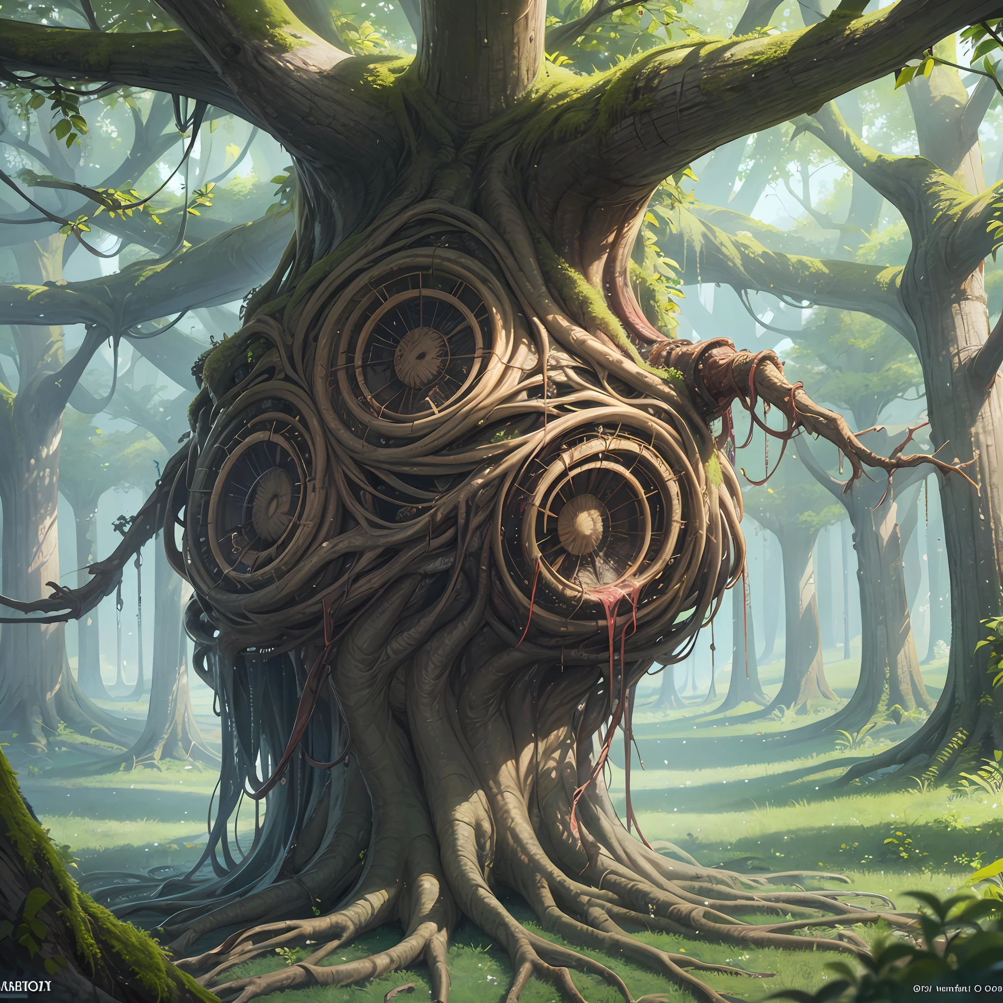 In the middle of a deep forest, A big tree, Embedded in an unnatural tree, entangled in ivy, Twist Arm, Twisted body, Swirling body, Deep in the forest, Assimilate with nature, Grotesque,Plant monsters、japanes, Whole body, Faithful reproduction of a real human being, Very realistic, High quality, 8k resolution Photorealistic masterpiece